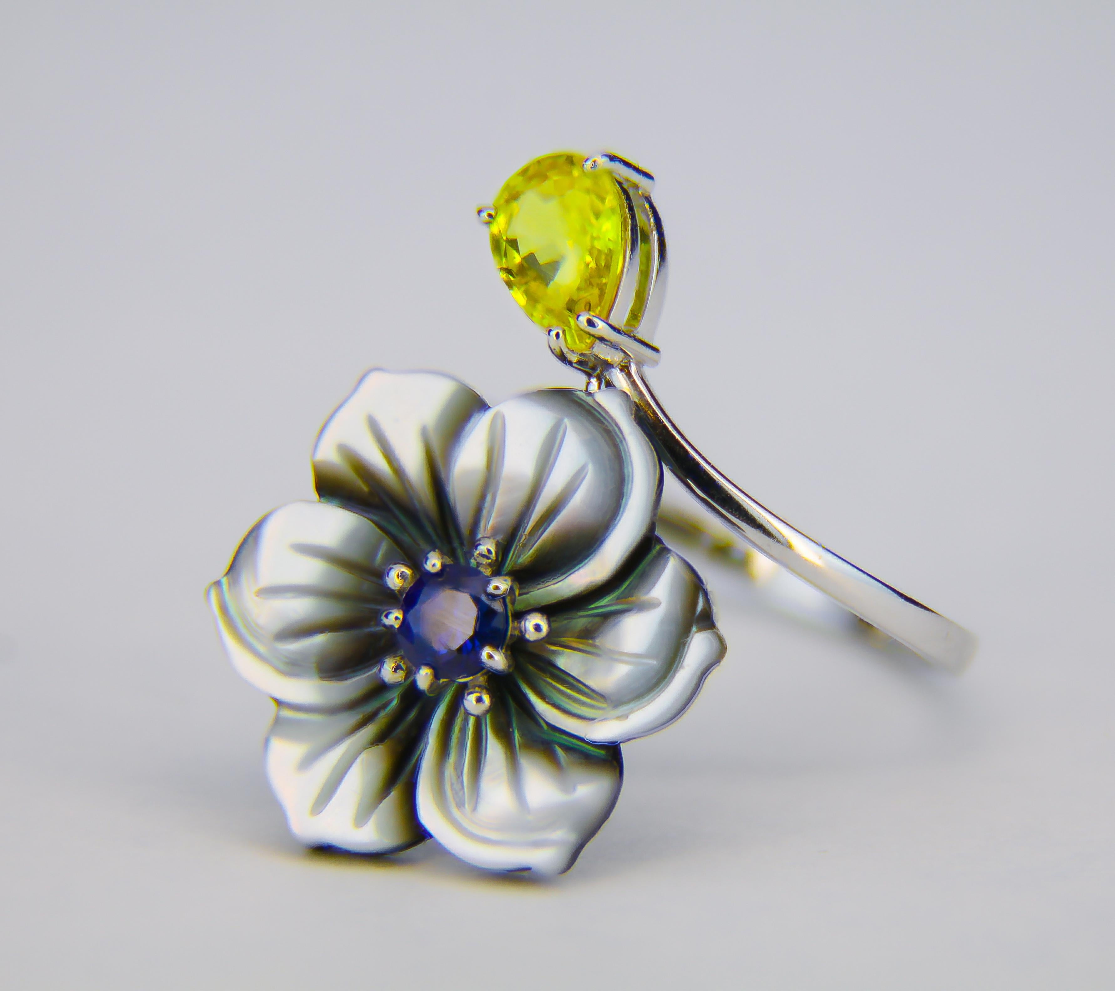 Modern Carved Flower 14k ring with gemstones