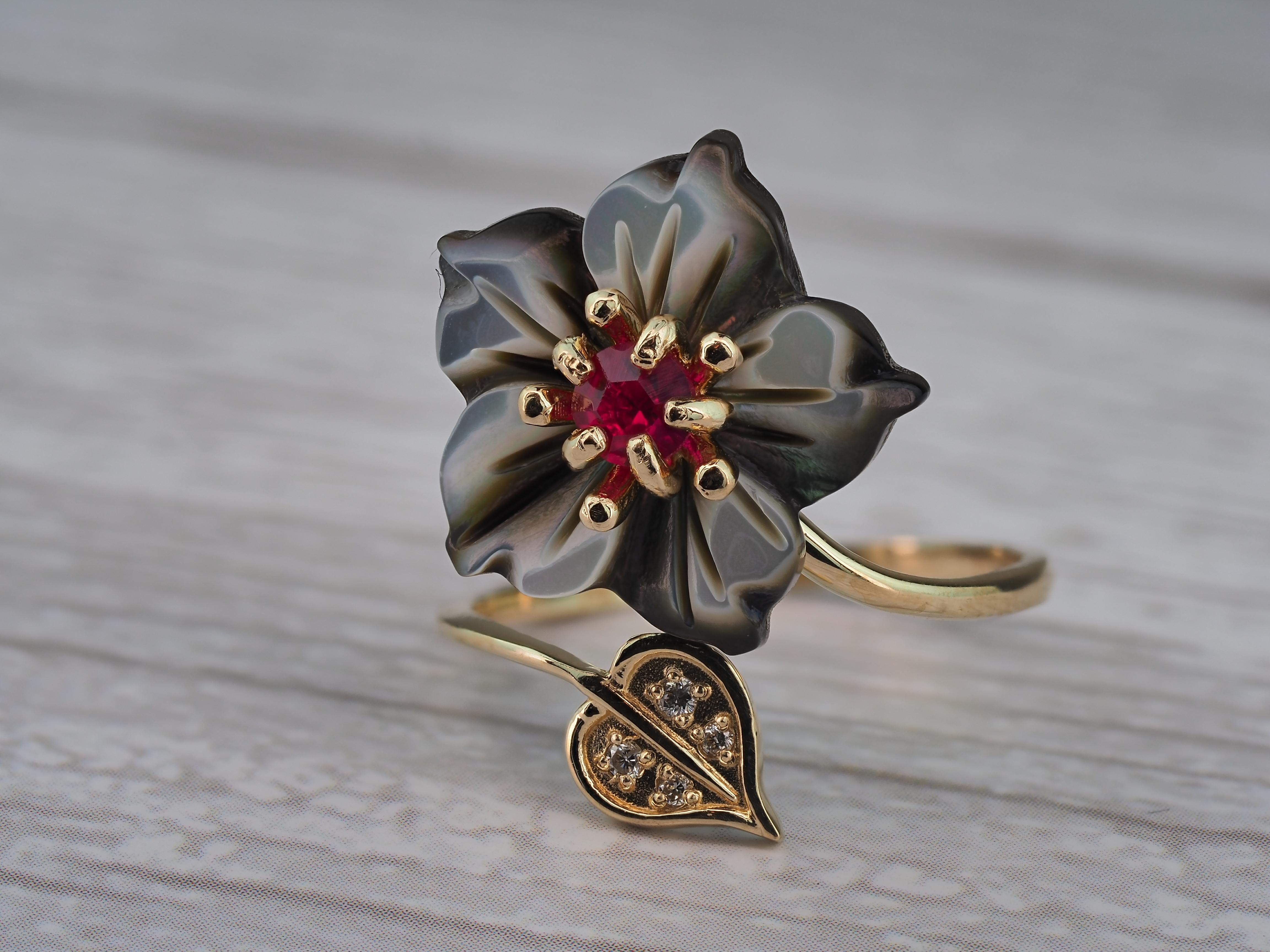 Modern Carved Flower 14k ring with gemstones