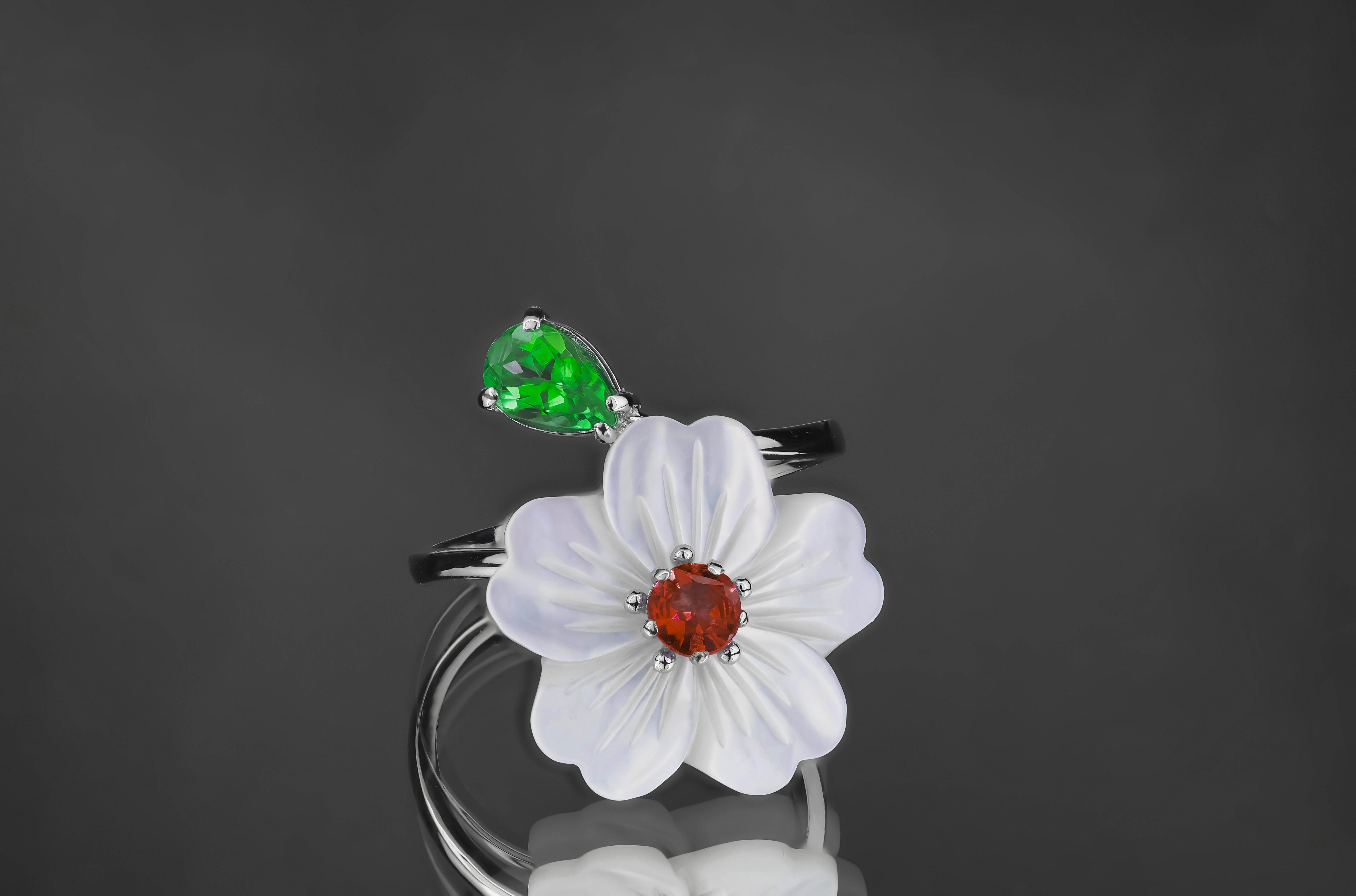 For Sale:  Carved Flower 14k ring with gemstones 5
