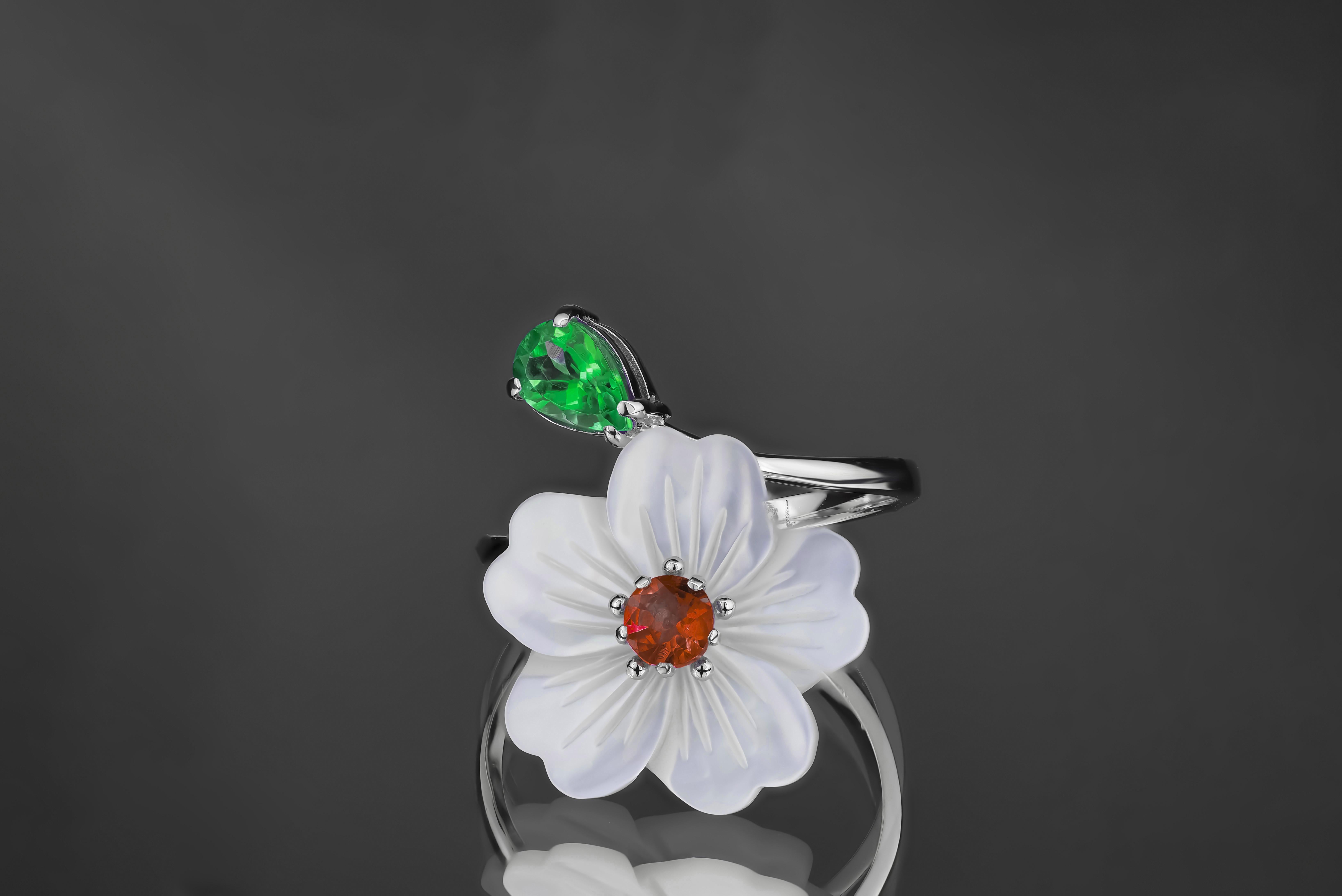 For Sale:  Carved Flower 14k ring with gemstones 6