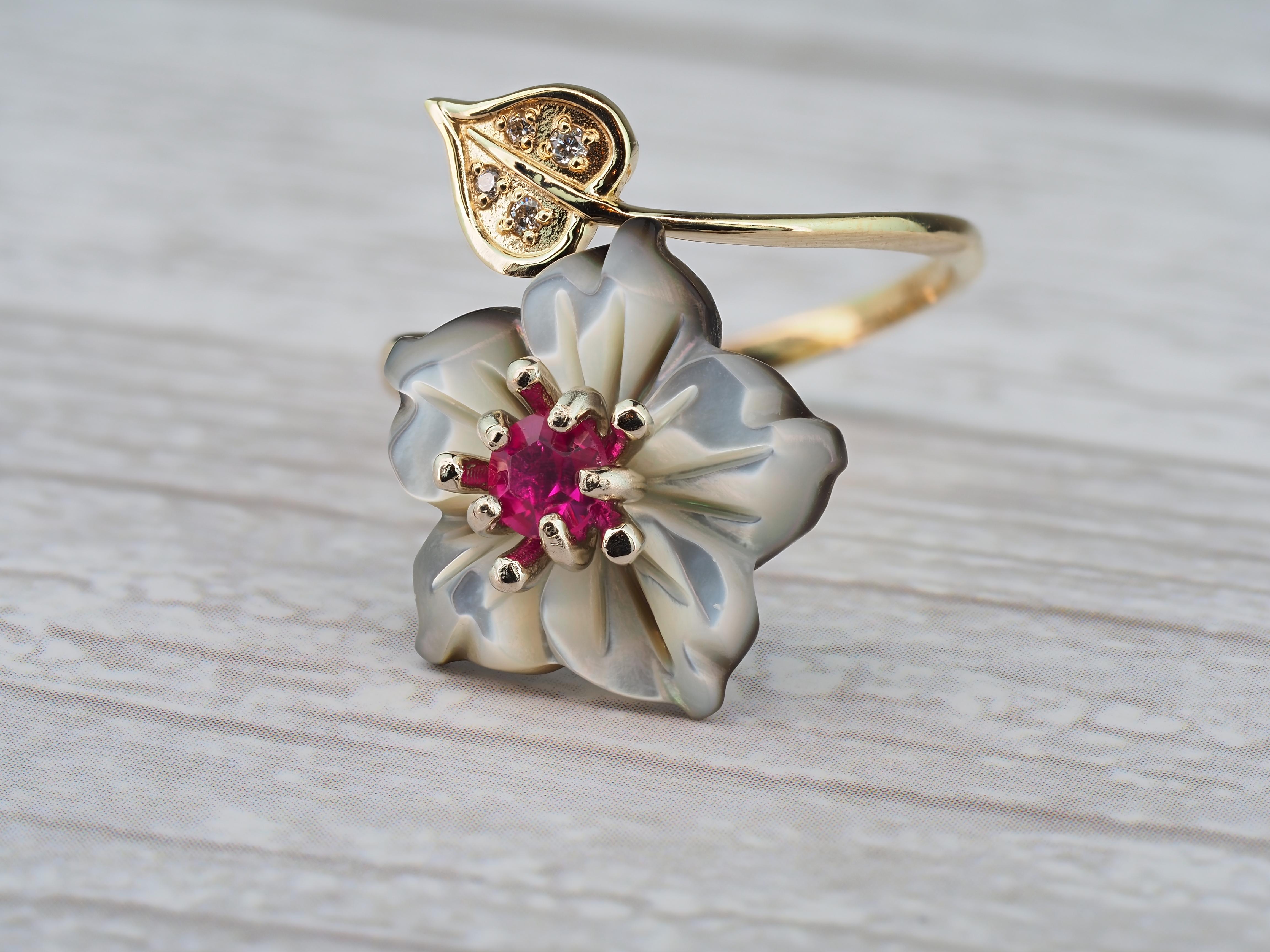Carved Flower 14k ring with gemstones 1