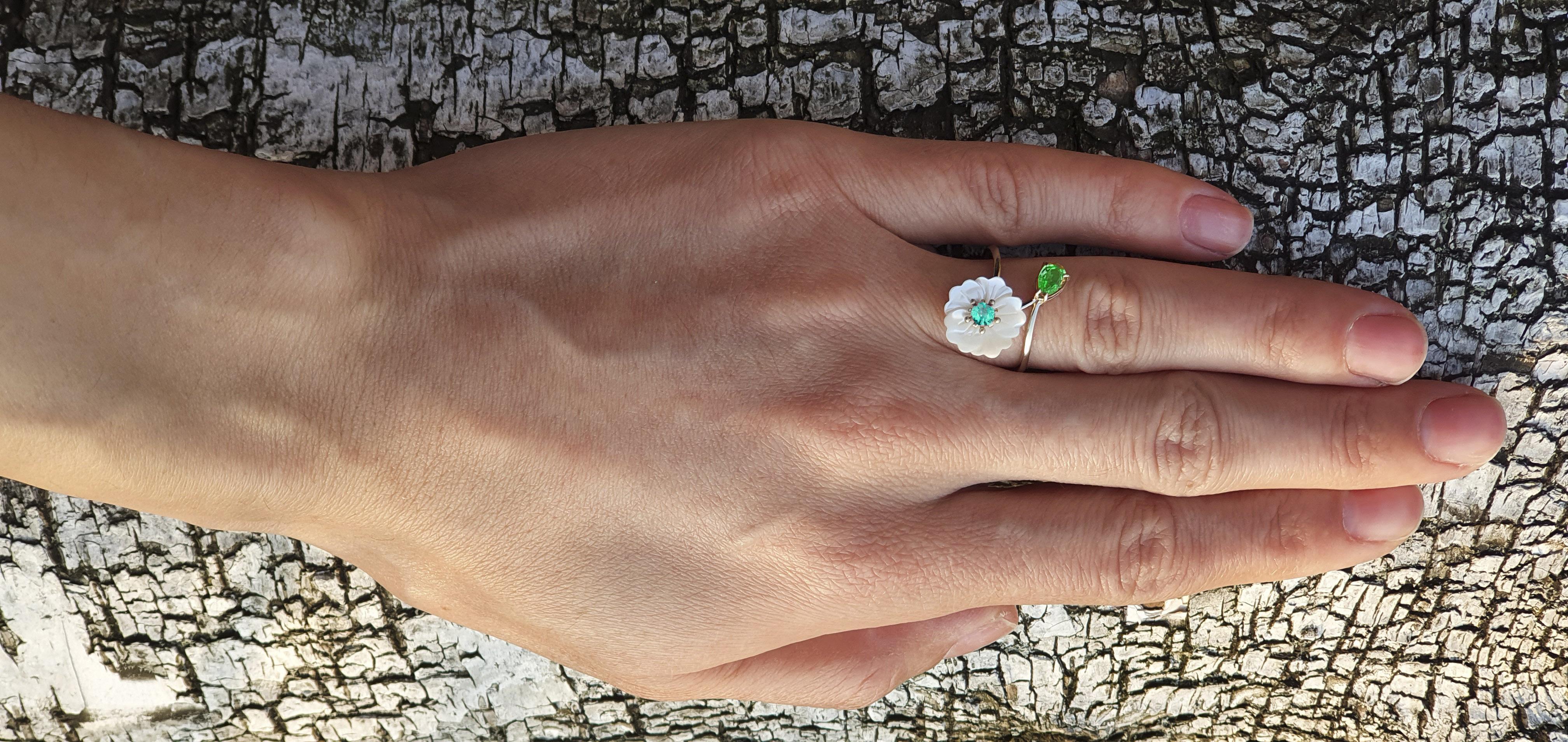 For Sale:  Carved Flower 14k ring with gemstones 7