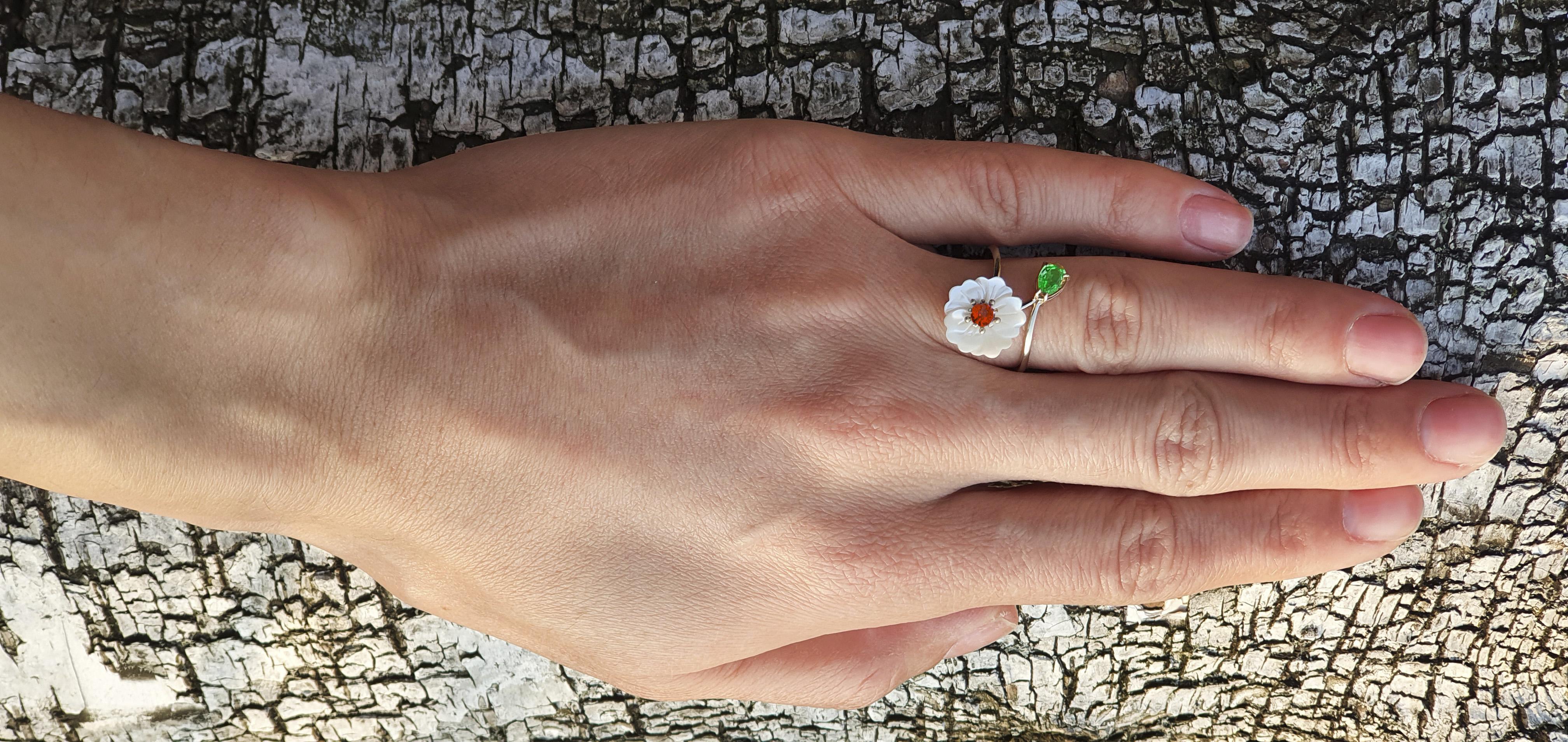 For Sale:  Carved Flower 14k ring with gemstones 7