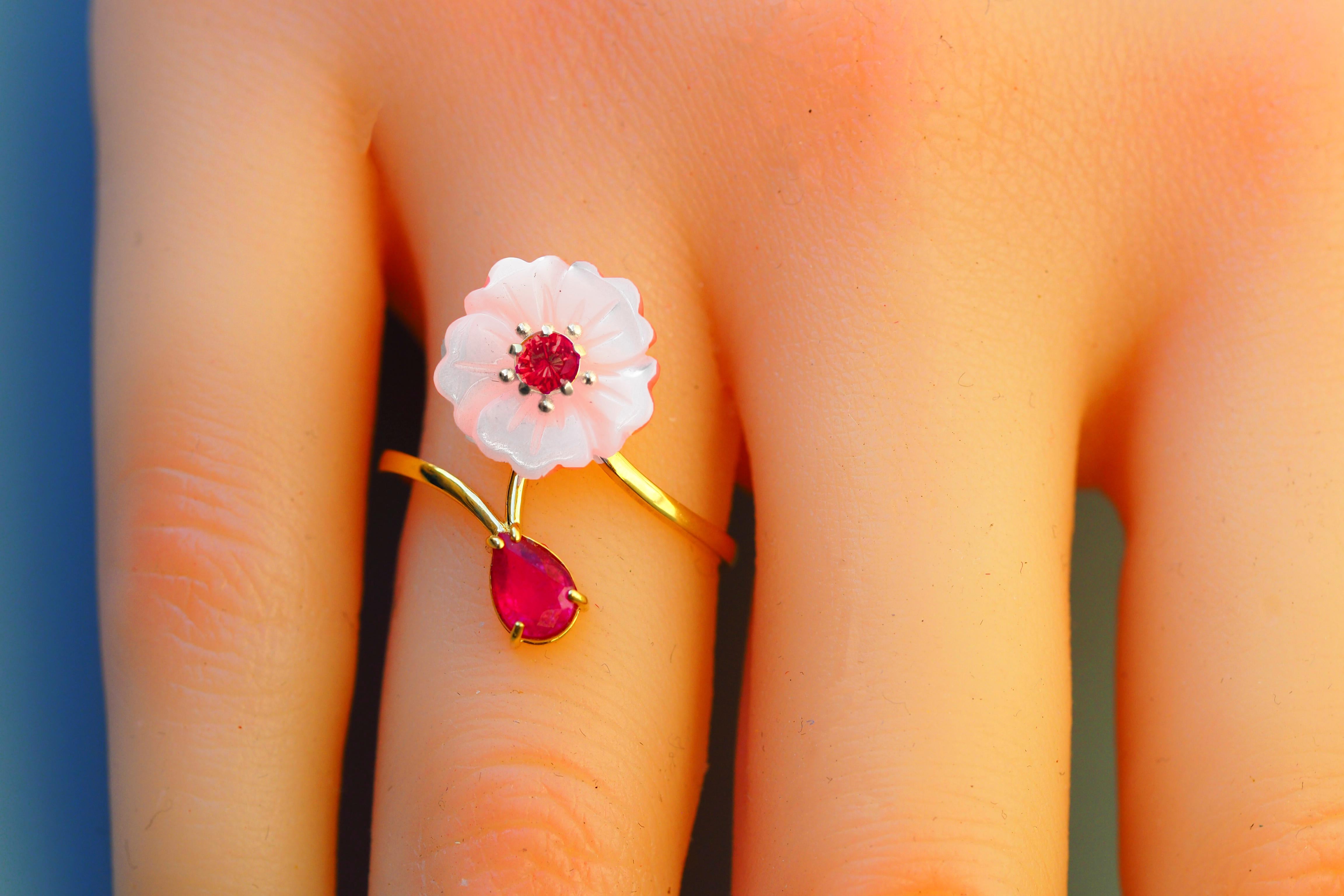 For Sale:  Carved Flower 14k ring with gemstones 8