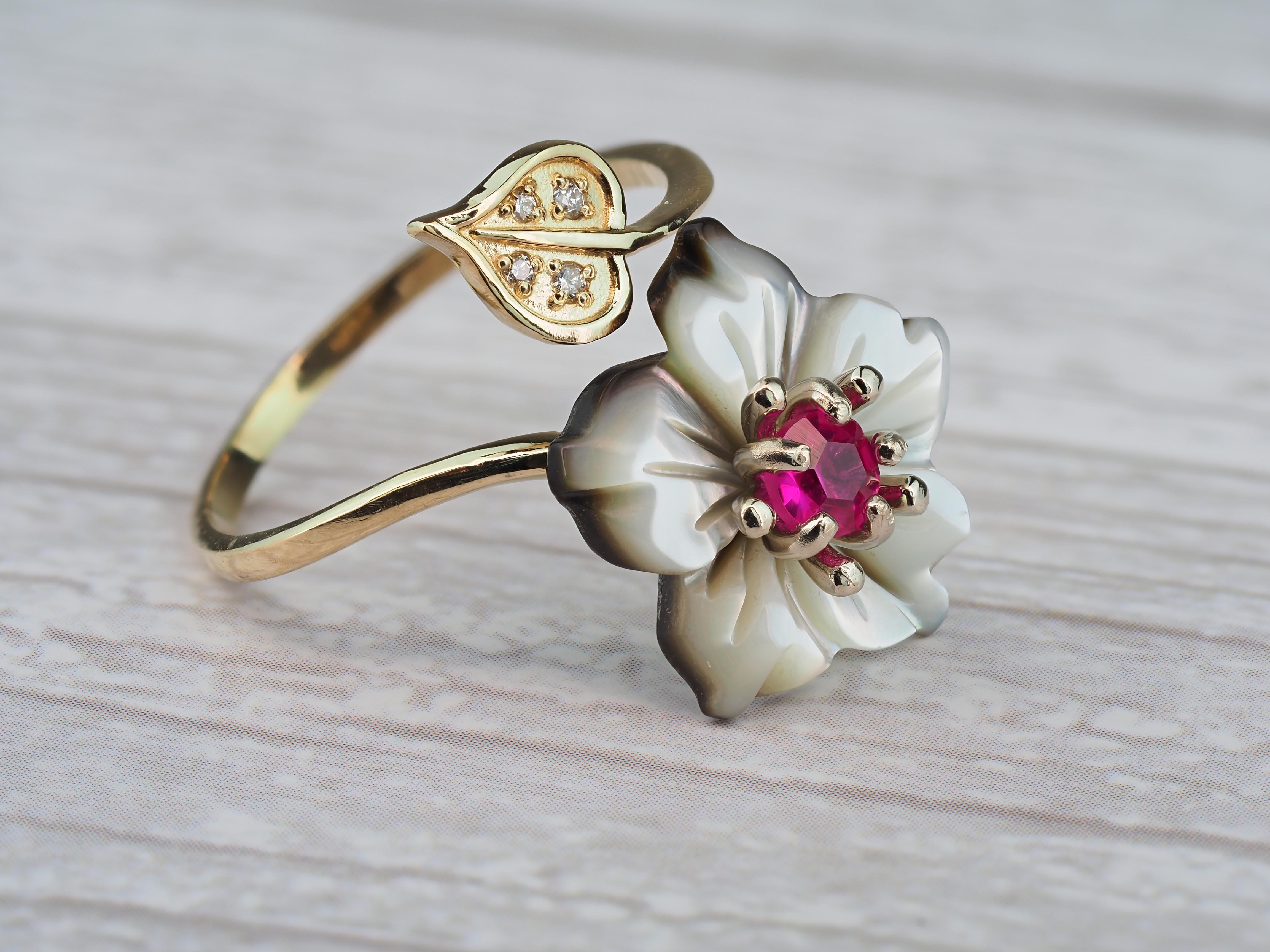 Carved Flower 14k ring with gemstones For Sale 2