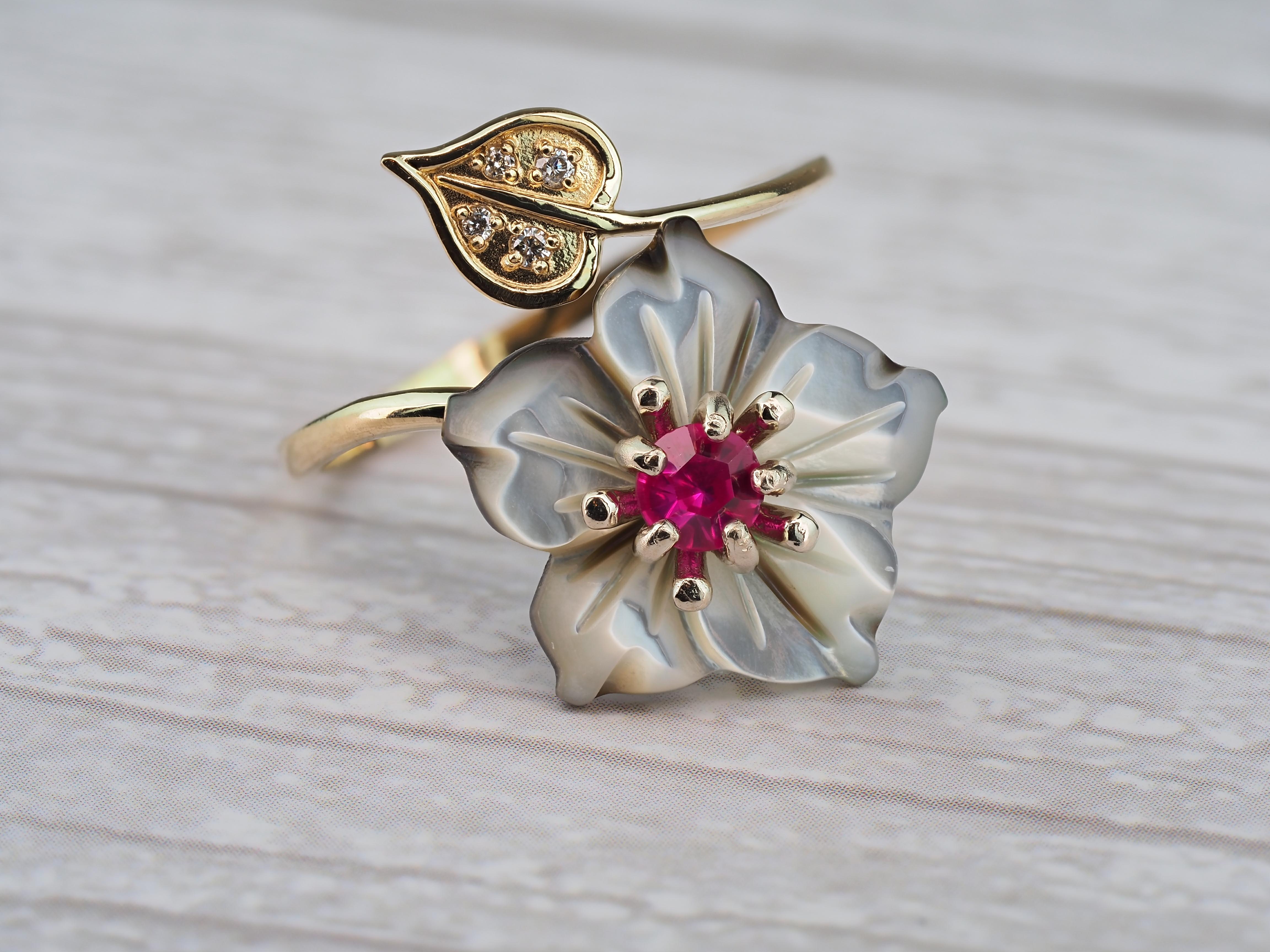 Carved Flower 14k ring with gemstones For Sale 3