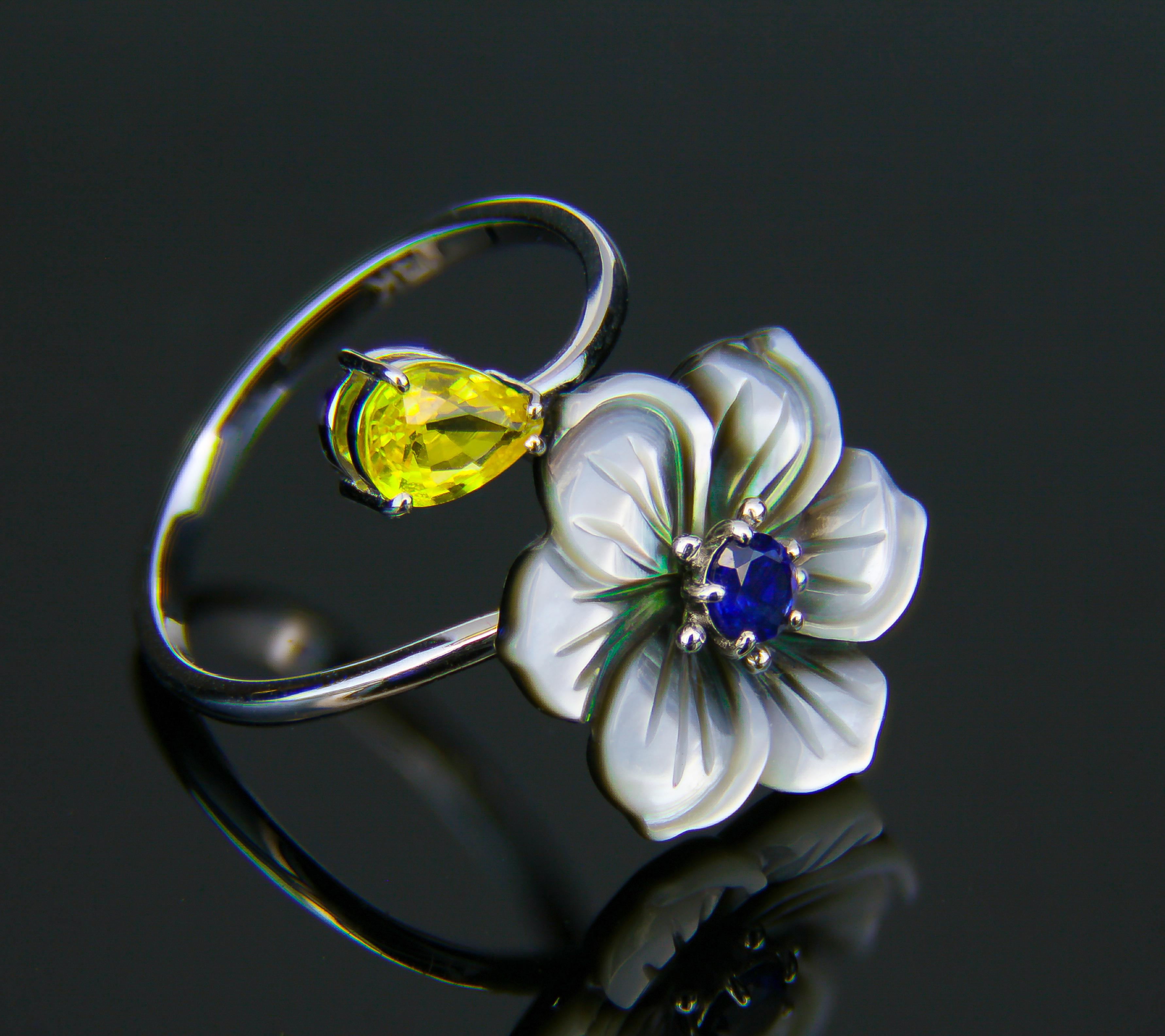 For Sale:  Carved Flower 14k ring with gemstones. 9