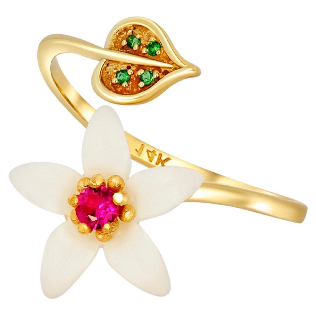 Carved Flower 14k Ring With Gemstones
