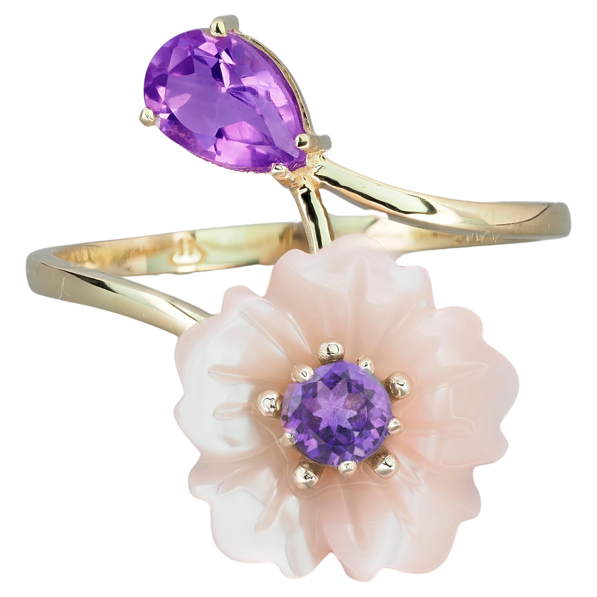Carved Flower 14k ring with gemstones For Sale