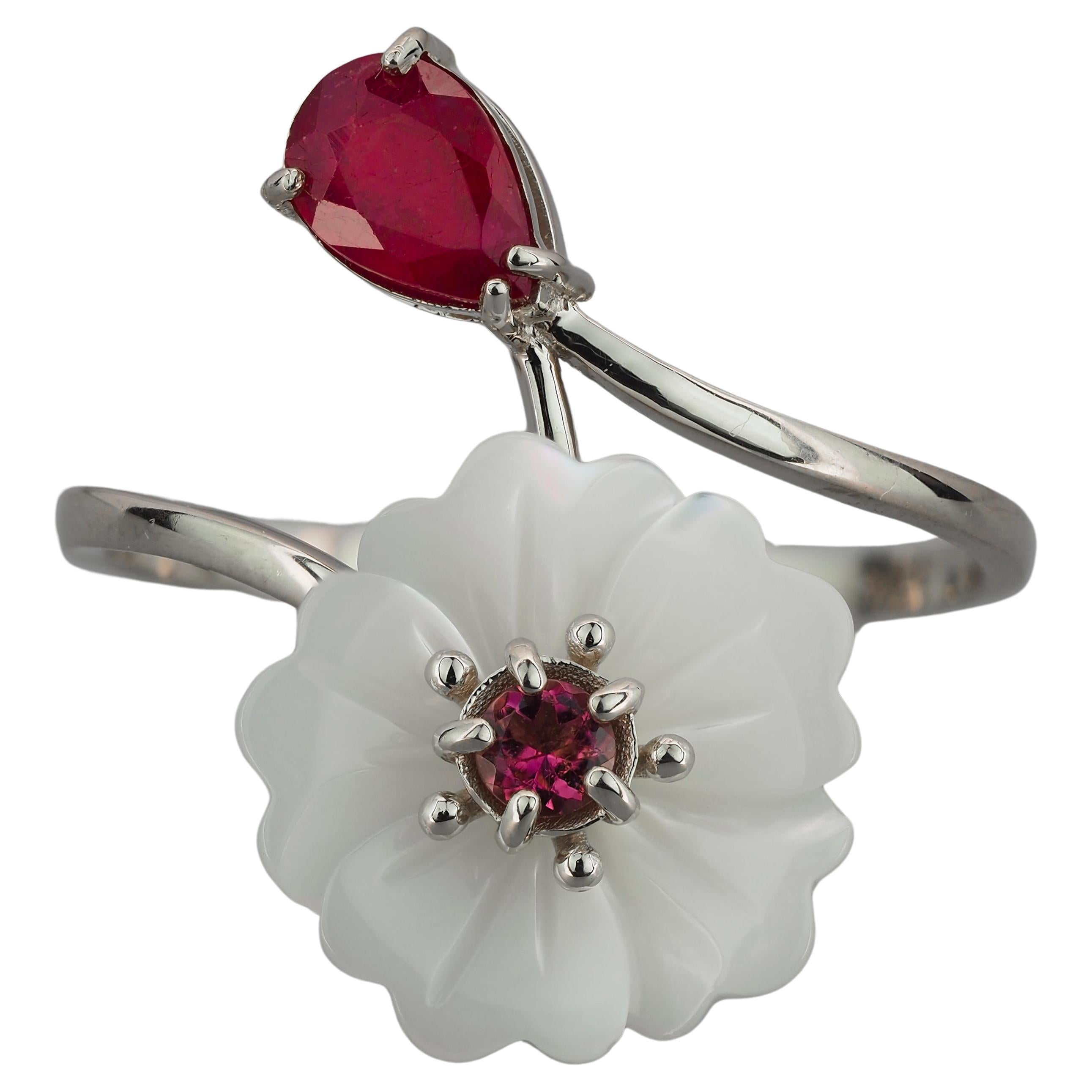For Sale:  Carved Flower 14k ring with gemstones