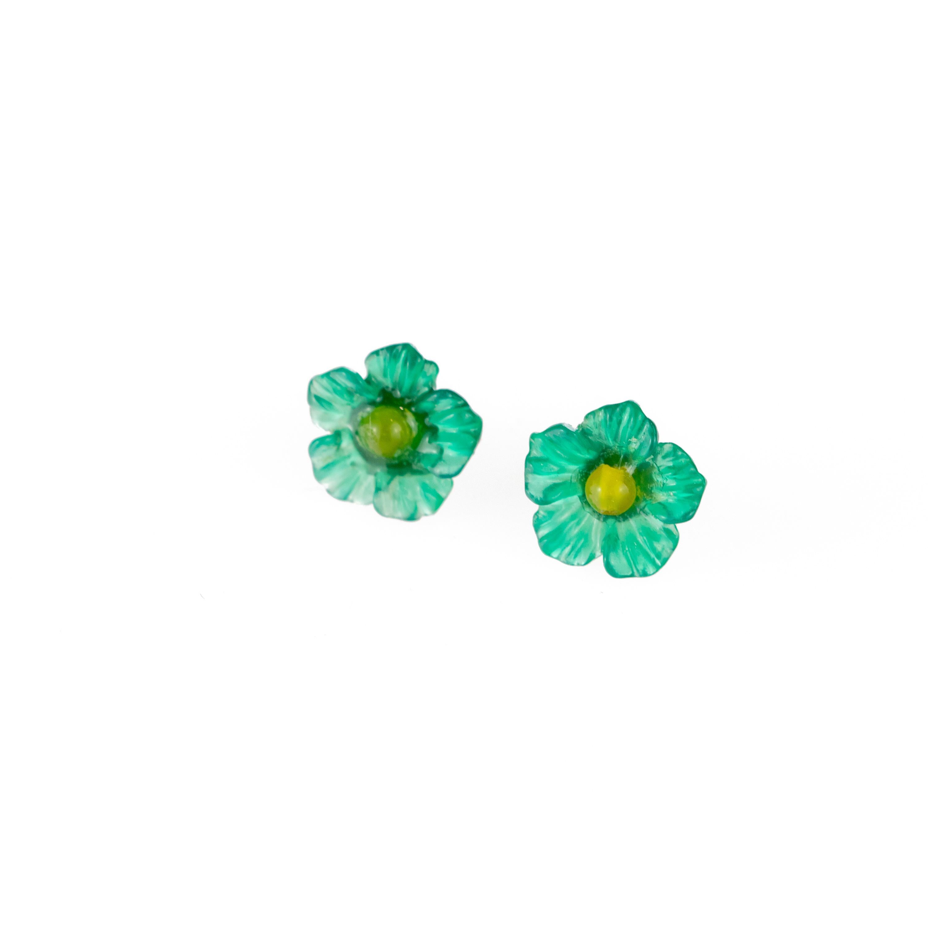 Mixed Cut Carved Flower 18 Karat Gold Blue Green Yellow Agate Stud Crafted Girl Earrings For Sale