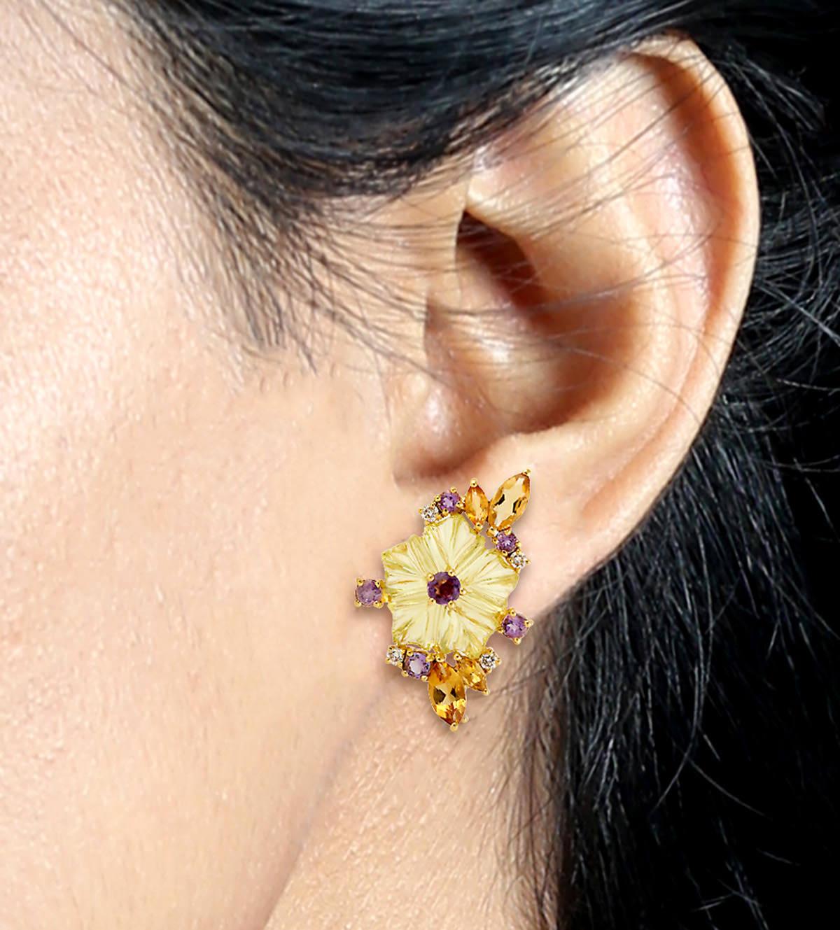 Contemporary Carved Flower Earrings Multicolored Natural Gemstones 18K Yellow Gold