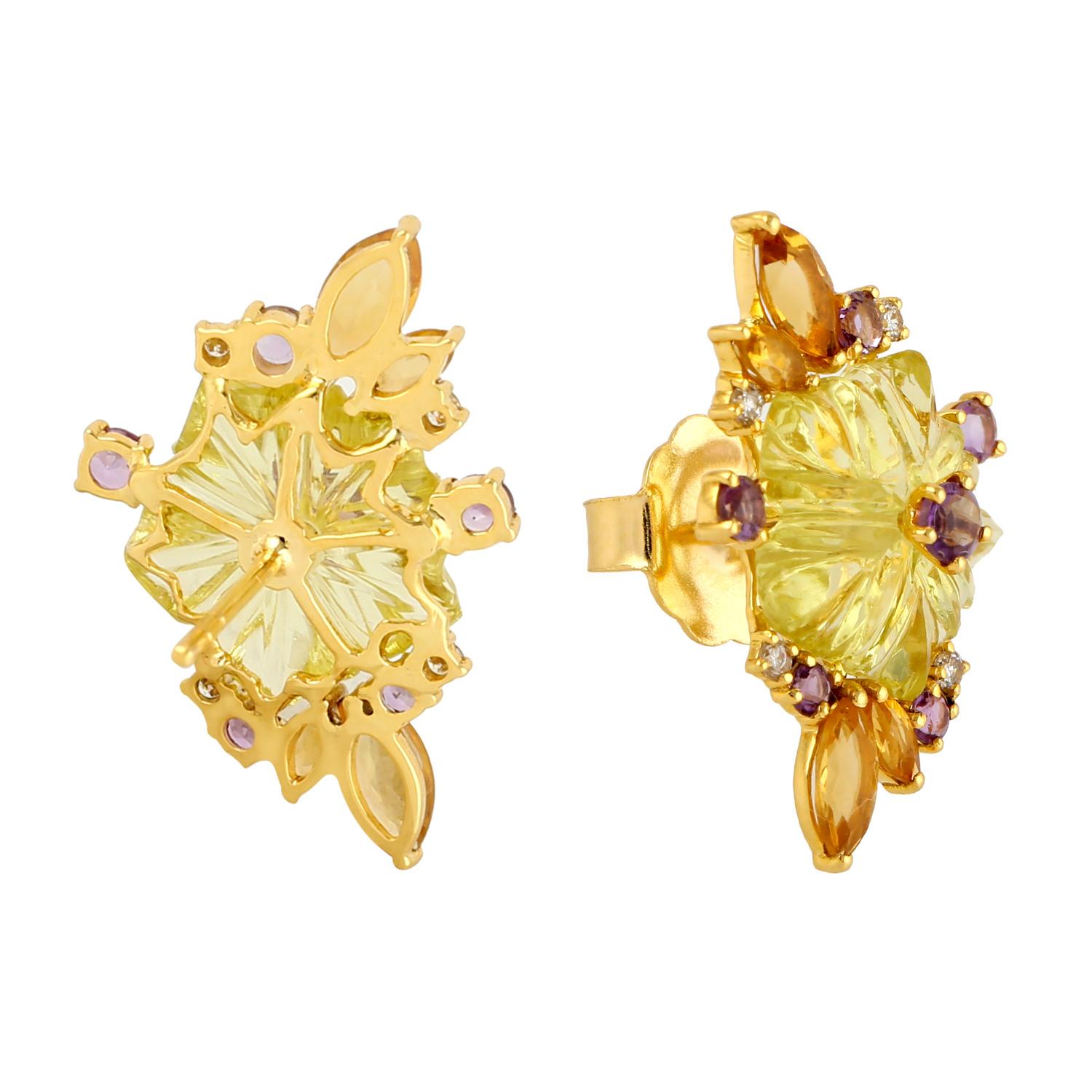 Mixed Cut Carved Flower Earrings Multicolored Natural Gemstones 18K Yellow Gold