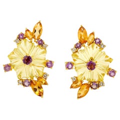 Carved Flower Earrings Multicolored Natural Gemstones 18K Yellow Gold