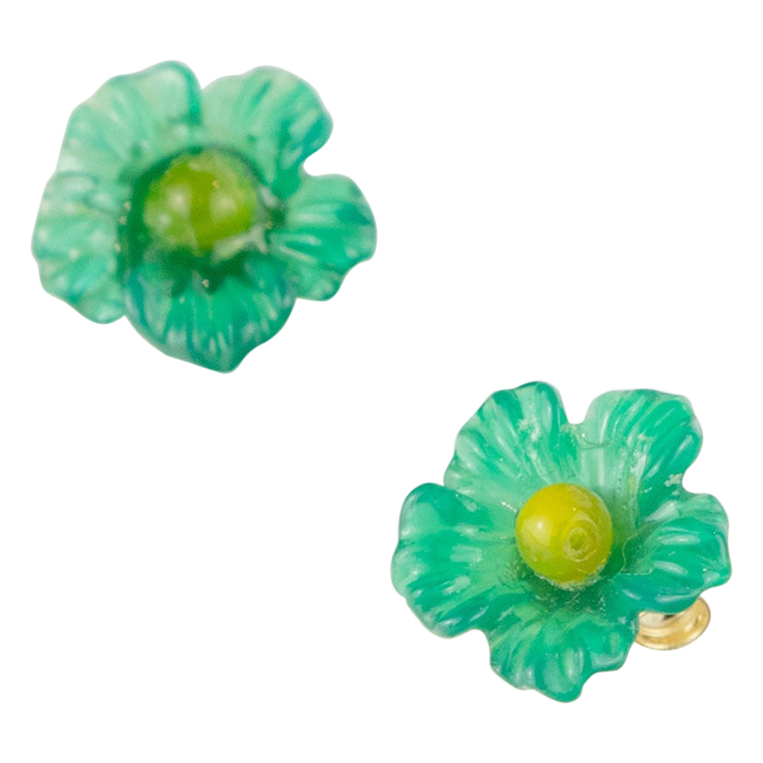 Carved Flower Gold Plate Blue Green Yellow Agate Stud Crafted Earrings For Sale