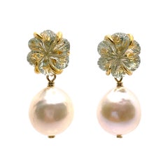 Carved Flower Prasiolite and White Baroque Pearl Drop Earrings
