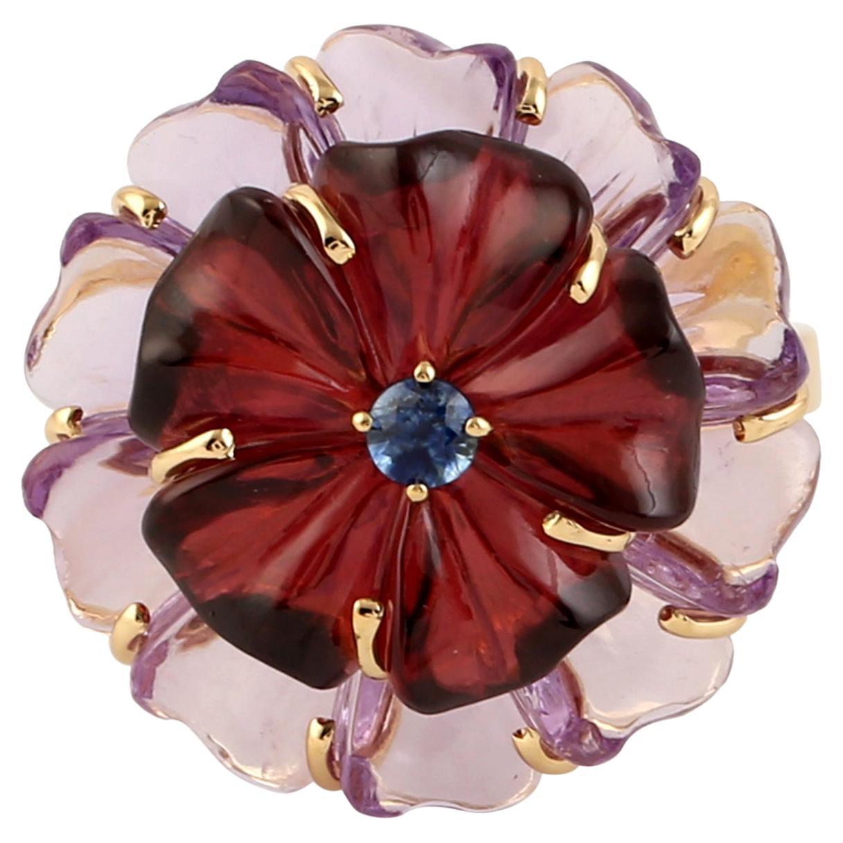 Carved Flower Ring With Blue Sapphire Made In 18k Yellow Gold