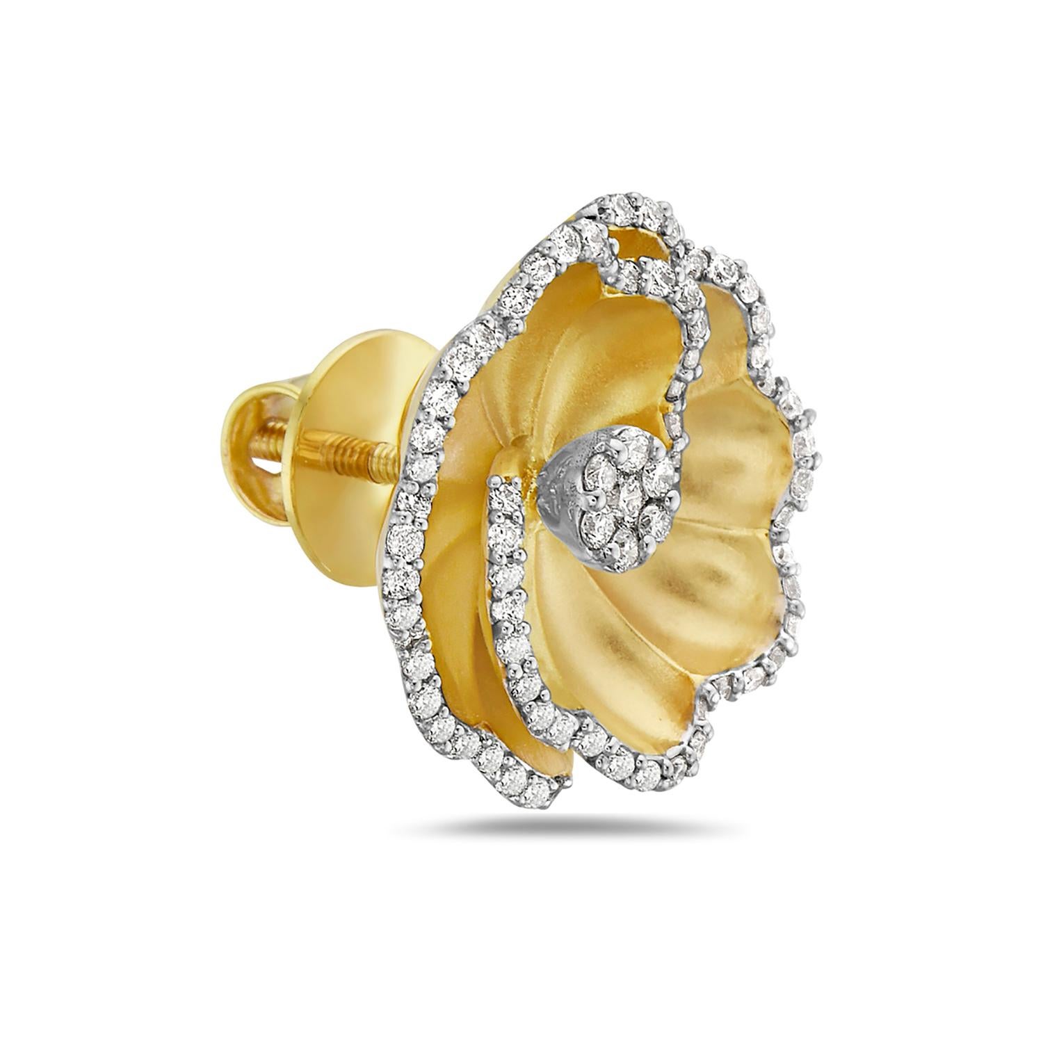 Contemporary Carved Flower Shaped Earrings Accented with Diamonds Made in 14k Yellow Gold For Sale