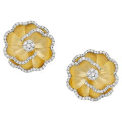 Carved Flower Shaped Earrings Accented with Diamonds Made in 14k Yellow Gold
