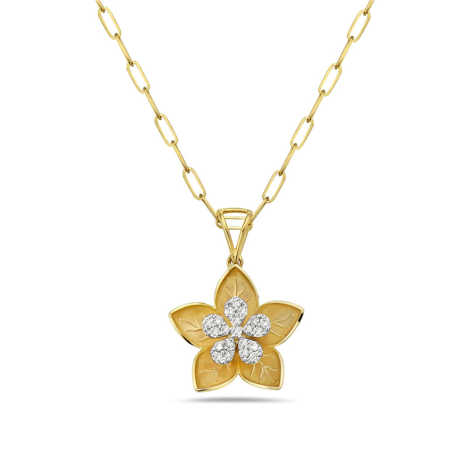Carved Flower Shaped Pendant with Diamonds Made in 14k Yellow Gold In New Condition In New York, NY