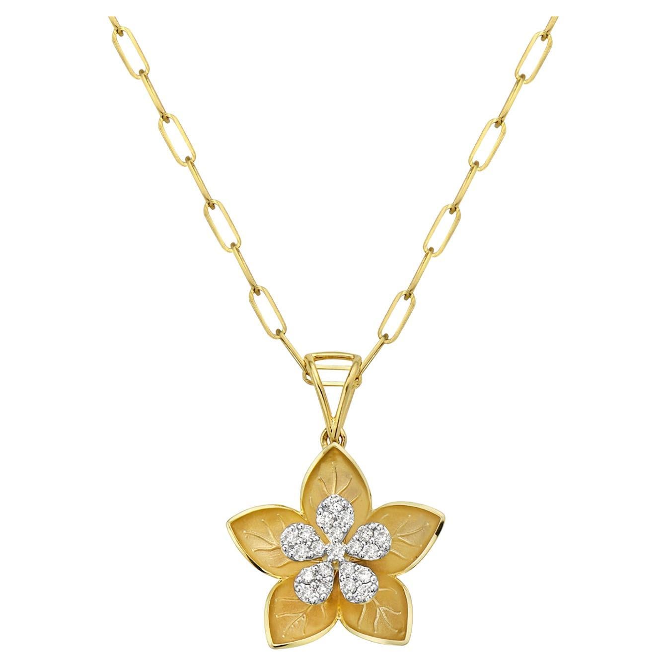 Carved Flower Shaped Pendant with Diamonds Made in 14k Yellow Gold