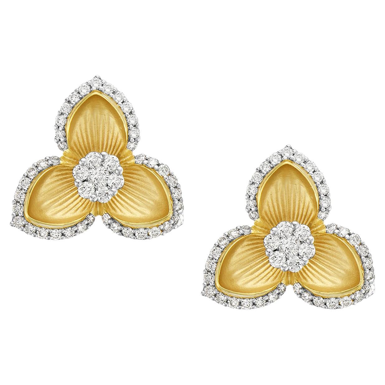 Carved Flower's Petals Shaped Earrings Made in 14k Yellow Gold with Diamonds For Sale