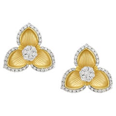 Carved Flower's Petals Shaped Earrings Made in 14k Yellow Gold with Diamonds