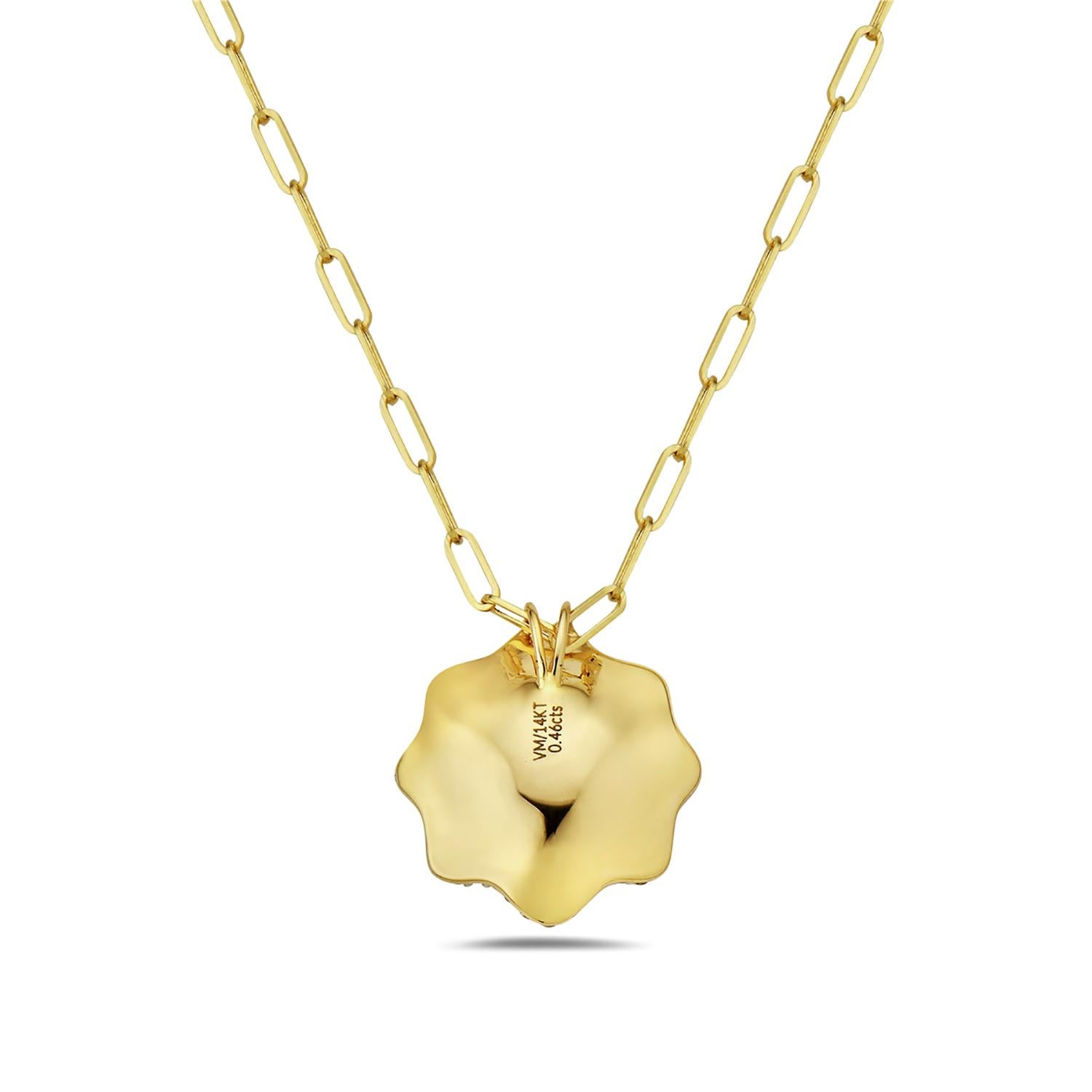 Artisan Carved Flowery Pendant with Pave Halo Diamonds Made in 14k Yellow Gold For Sale