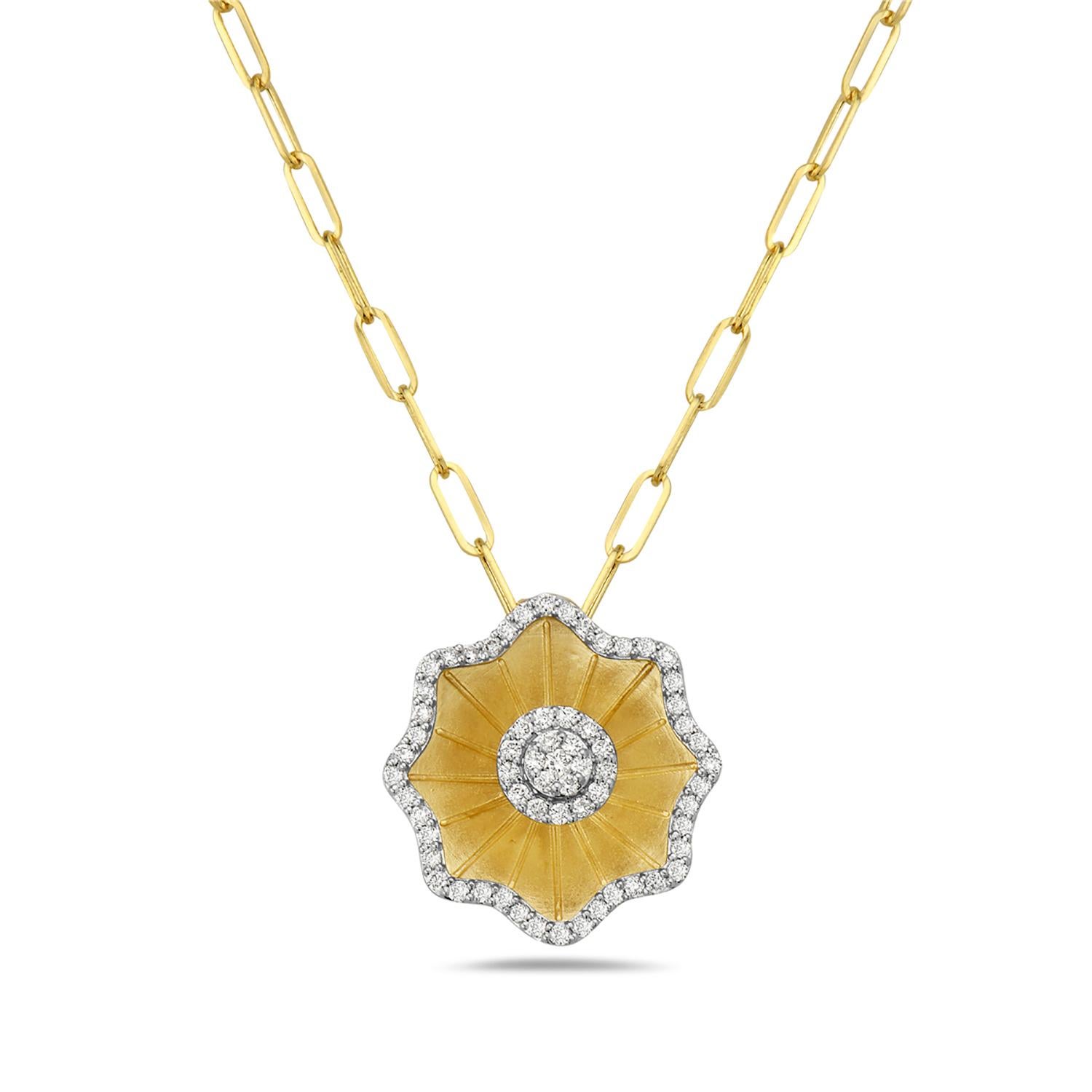 Mixed Cut Carved Flowery Pendant with Pave Halo Diamonds Made in 14k Yellow Gold For Sale
