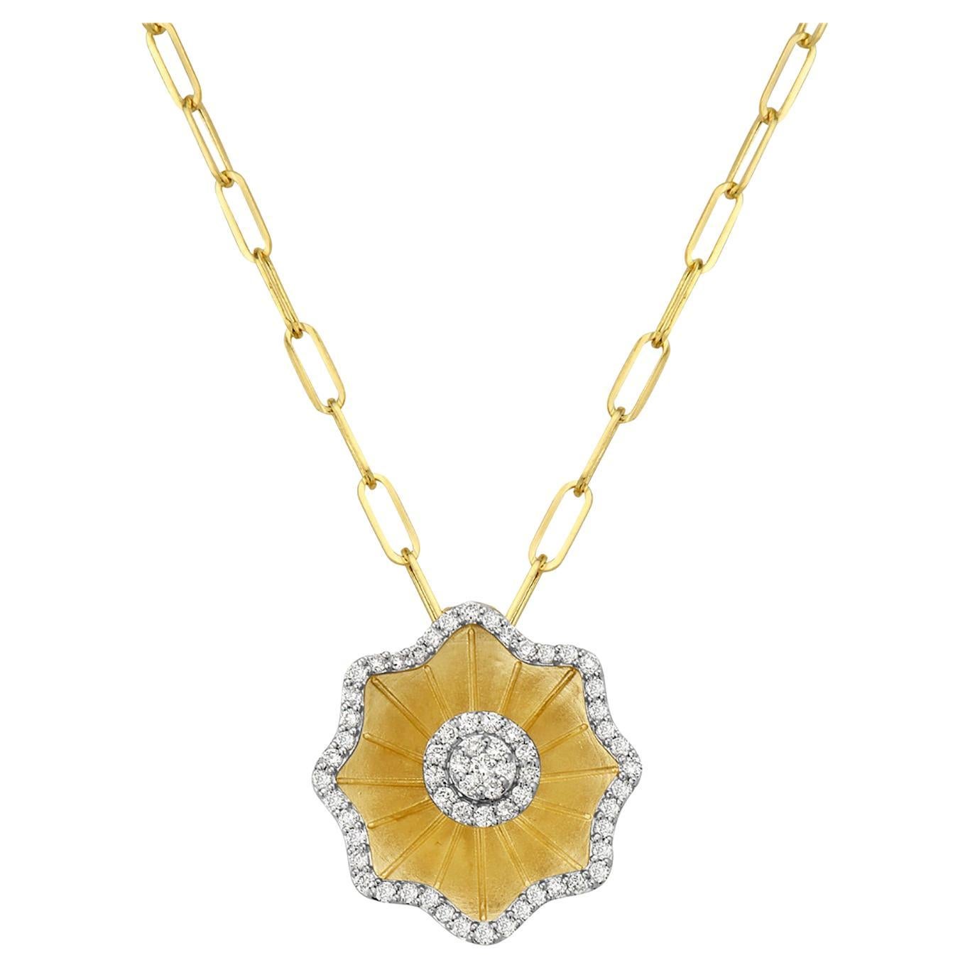 Carved Flowery Pendant with Pave Halo Diamonds Made in 14k Yellow Gold For Sale