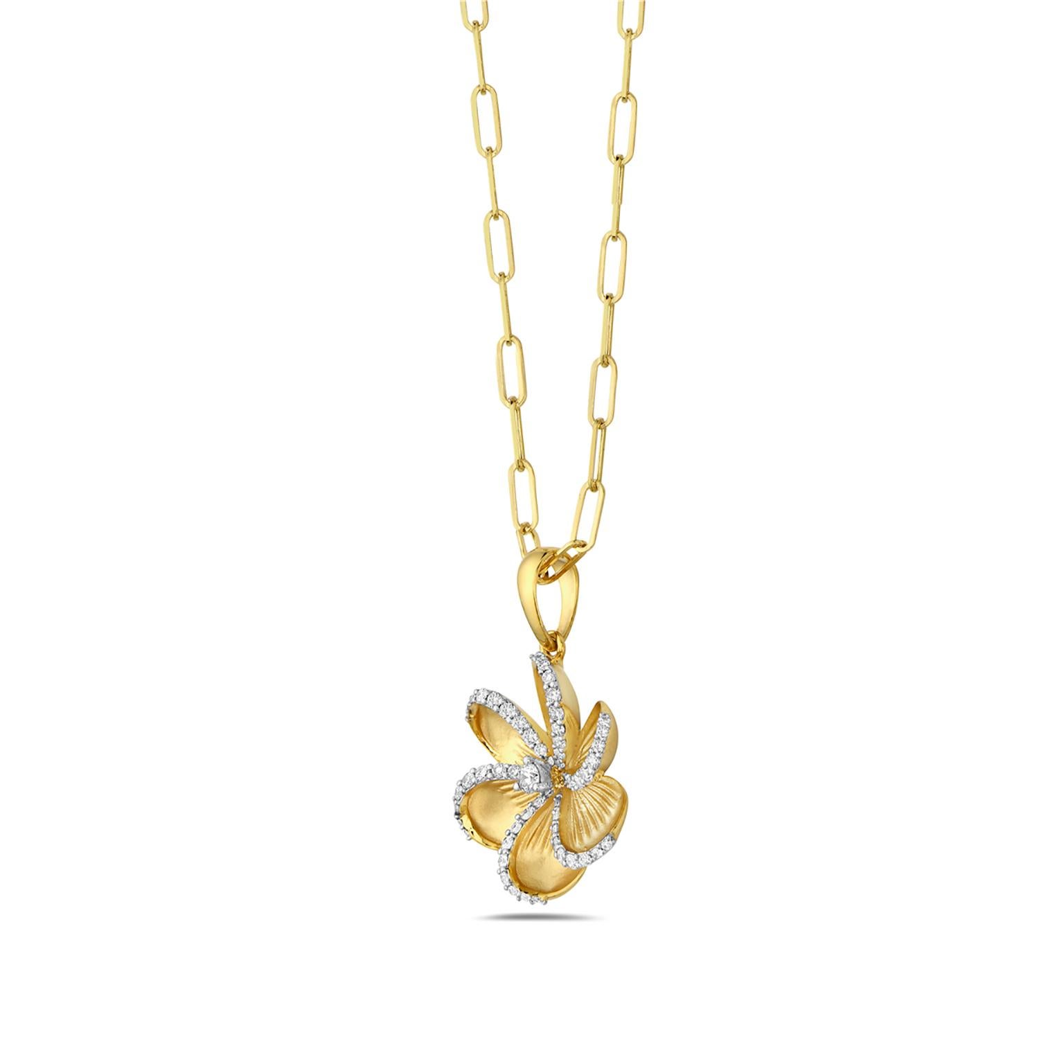 Artisan Carved Flowery Pendant with Pave Halo Diamonds on the Edge in 14k Yellow Gold For Sale