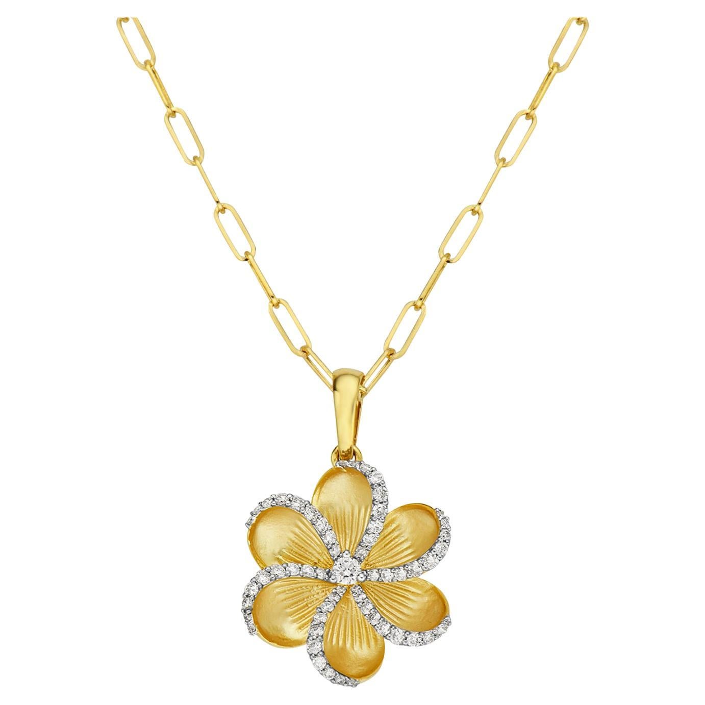 Carved Flowery Pendant with Pave Halo Diamonds on the Edge in 14k Yellow Gold For Sale