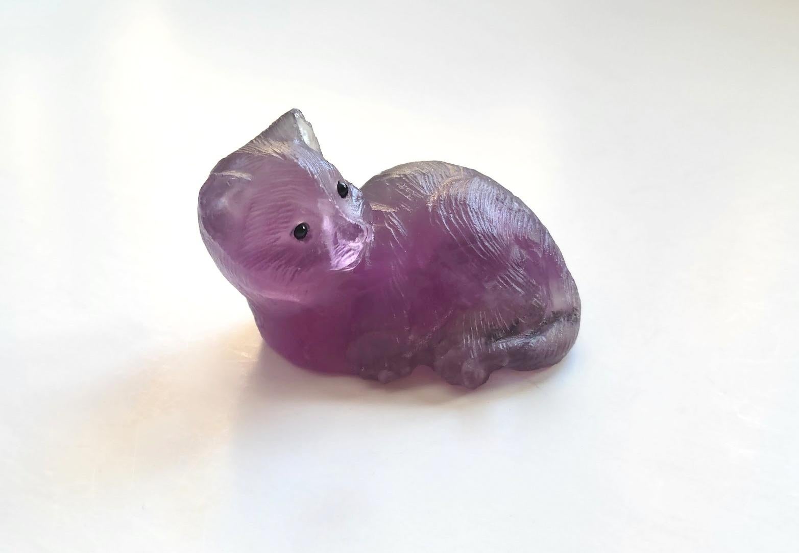 Mixed Cut Carved Fluorite Kitten Figurine For Sale