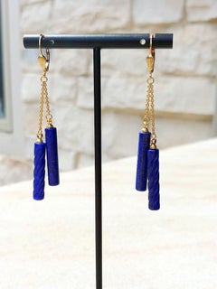 Carved Fluted Tube Lapis Lazuli Gold Earrings
