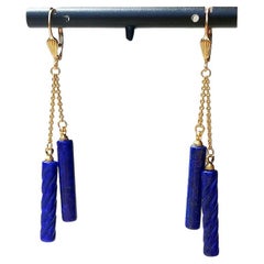 Carved Fluted Tube Lapis Lazuli Gold Earrings