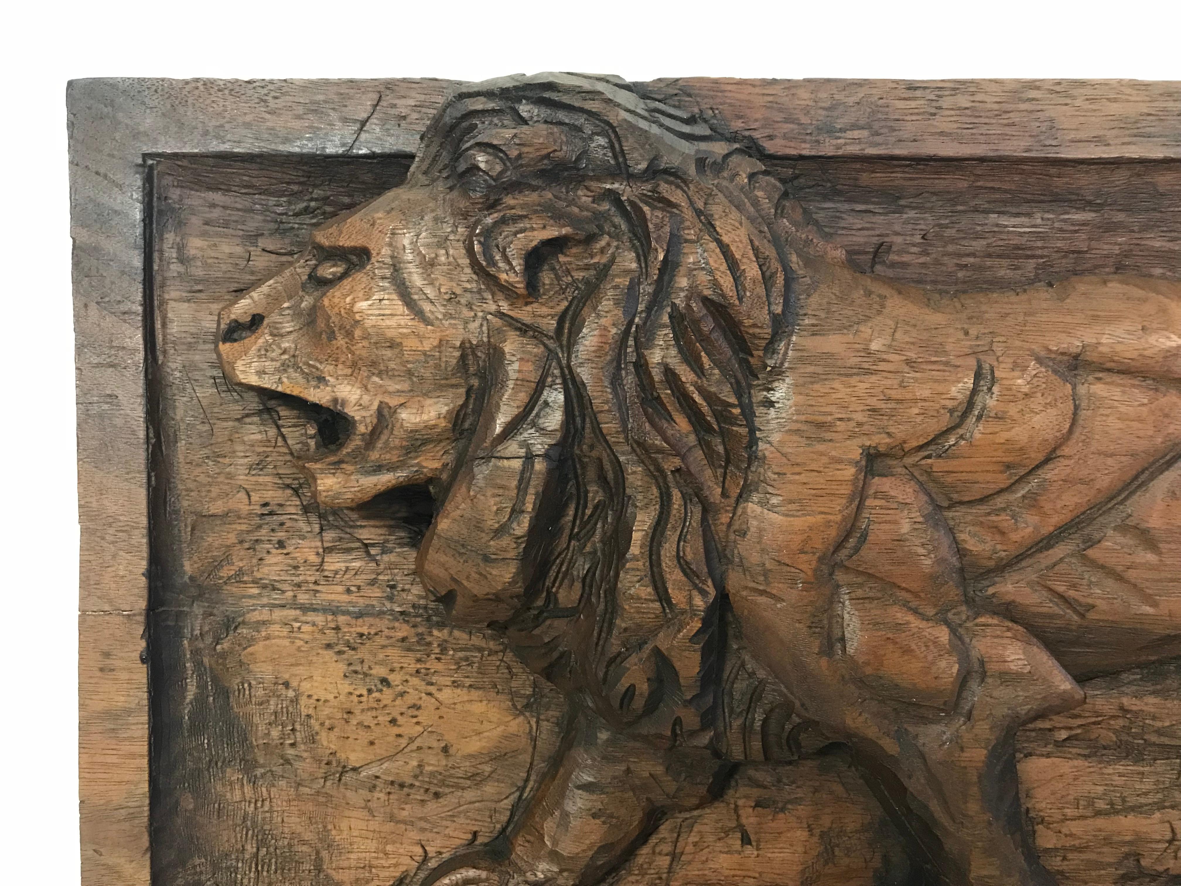 This is a fantastic carved Folk Art relief plaque of a lion, circa 1940. Perfect for the Leo in your life.
 
