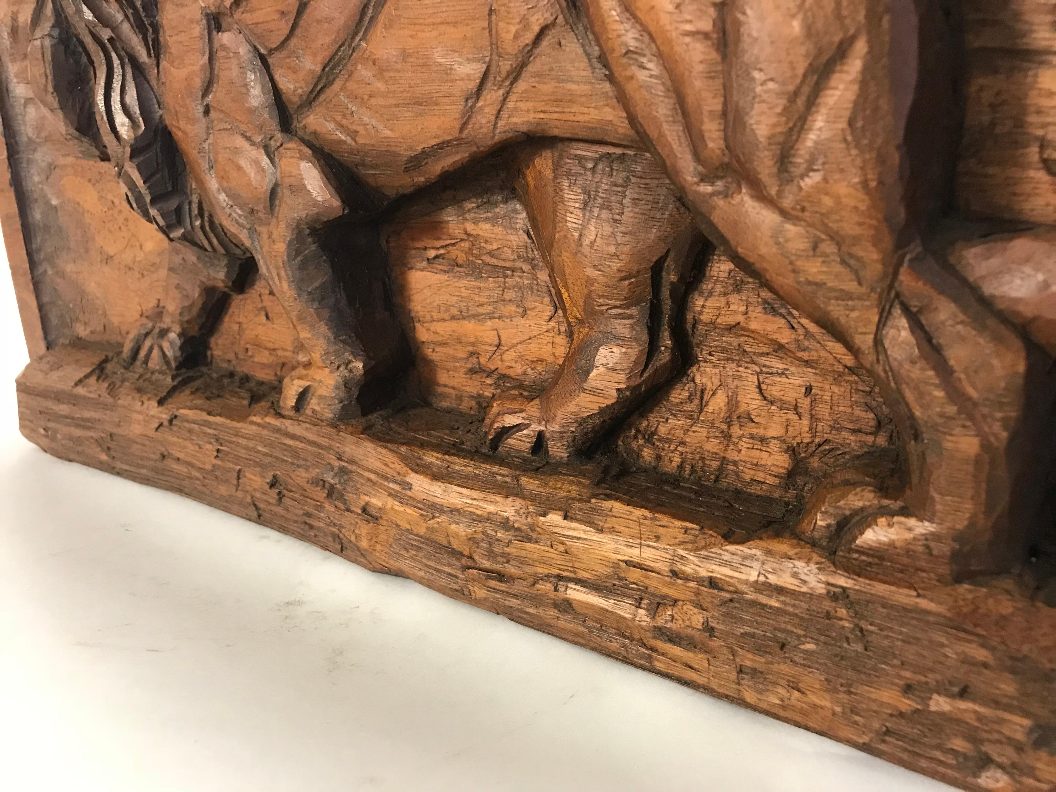 Hand-Carved Carved Folk Art Relief Plaque of a Lion