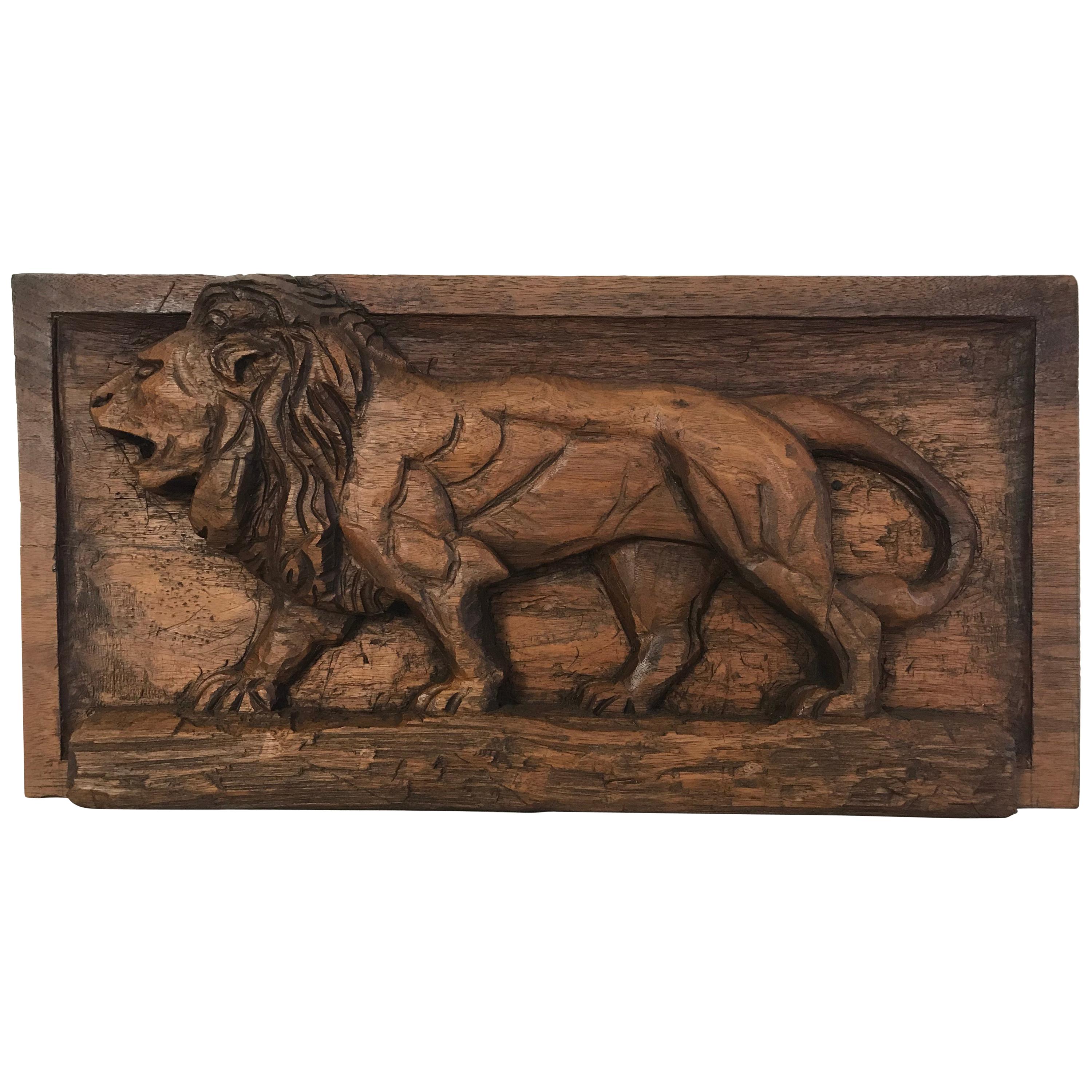 Carved Folk Art Relief Plaque of a Lion
