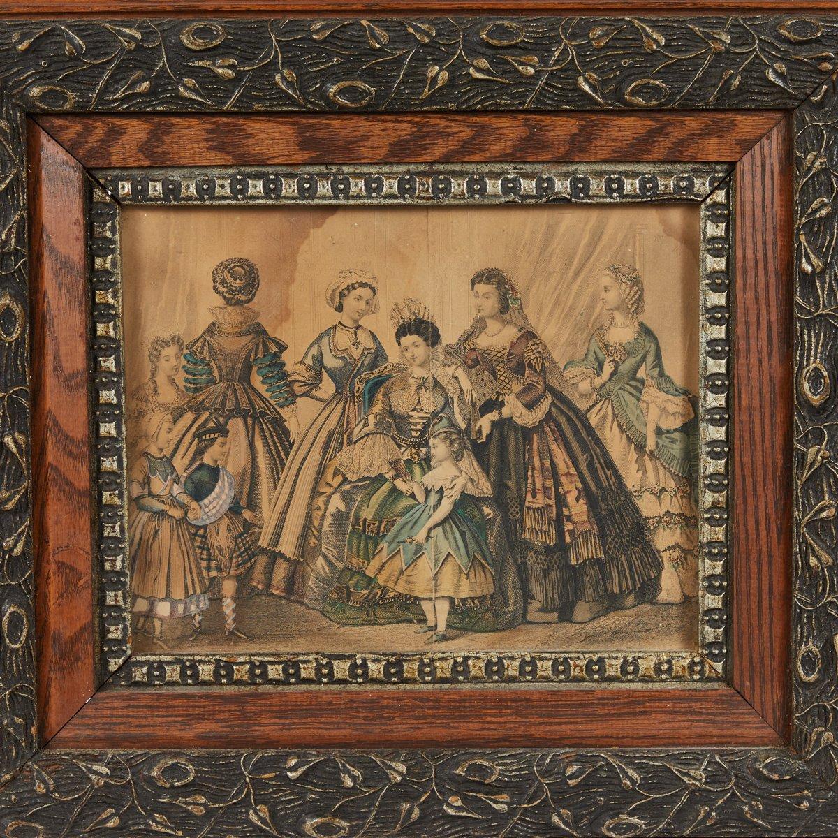 Early Victorian fashion plate print in a richly carved rectangular oak wood frame. Both the frame and image show a marked attention to detail, and feature delicate lines and a muted color palette. 

England, circa 1880

Dimensions: 18.5W x 2D x 16.5H