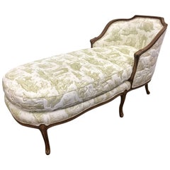 Carved French Chaise Fainting Couch with Quilted Toile Fabric