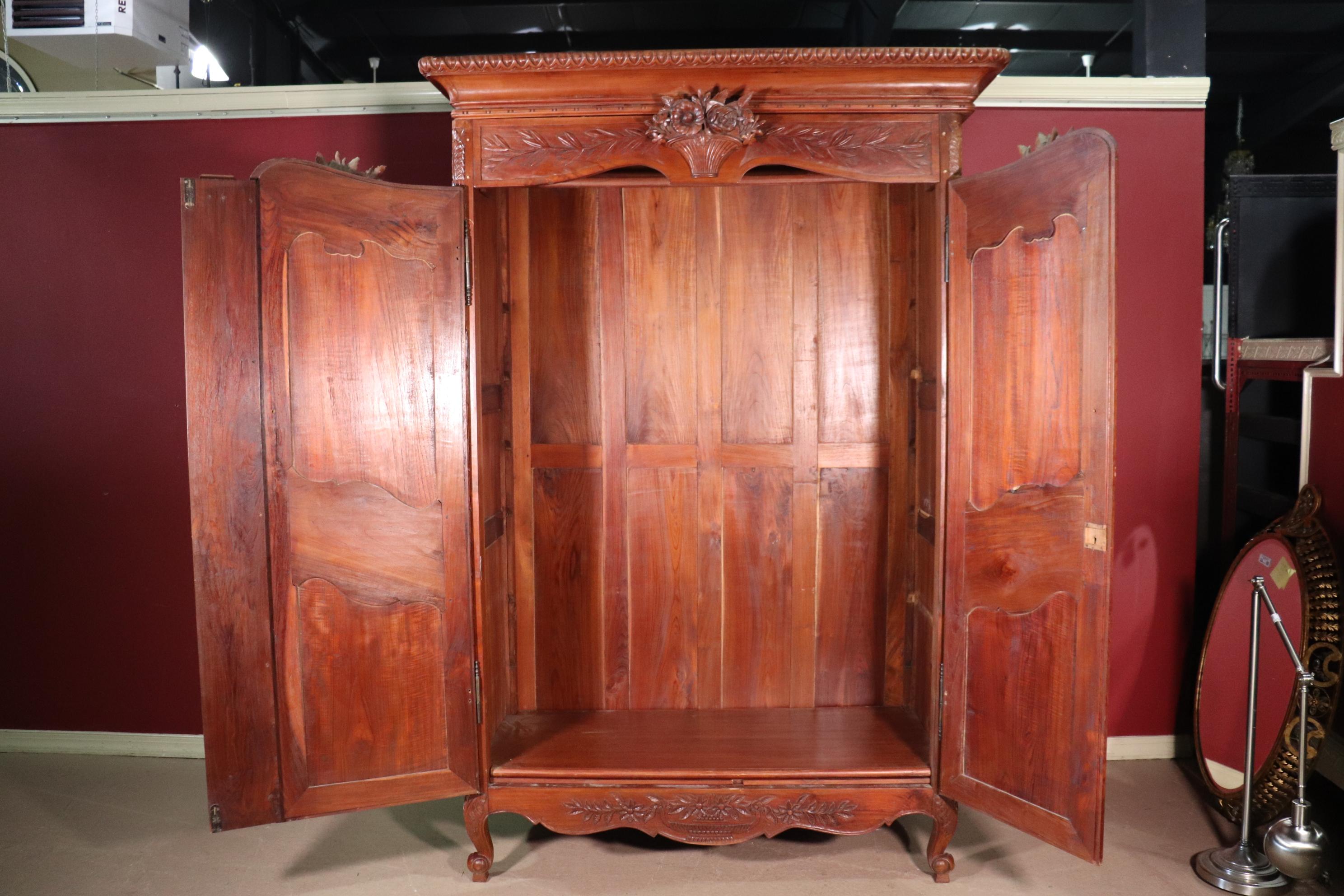 Indonesian Carved French Country Louis XV Solid Teak Armoire Wardrobe