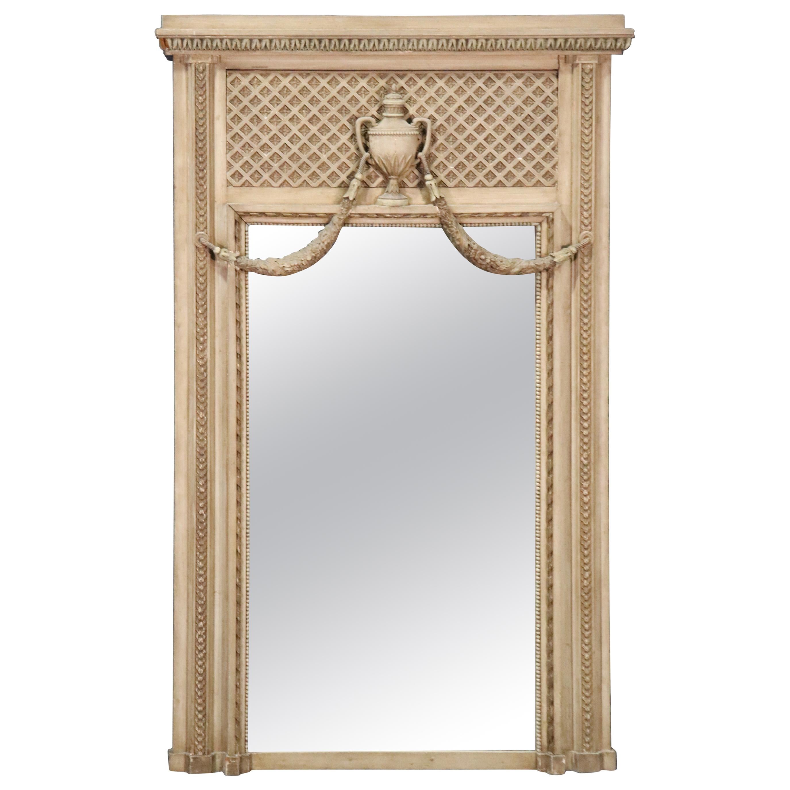 Carved French Distressed Creme Painted Louis XV Trumeau Mirror, circa 1940