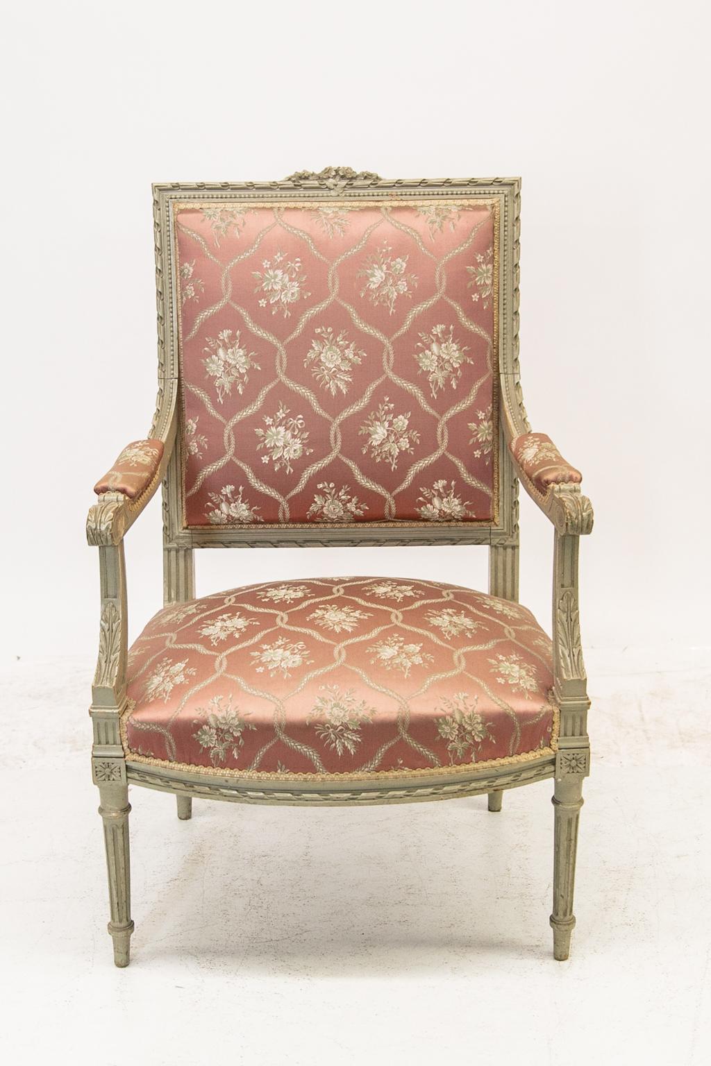Fabric Carved French Fruitwood Painted Armchair For Sale
