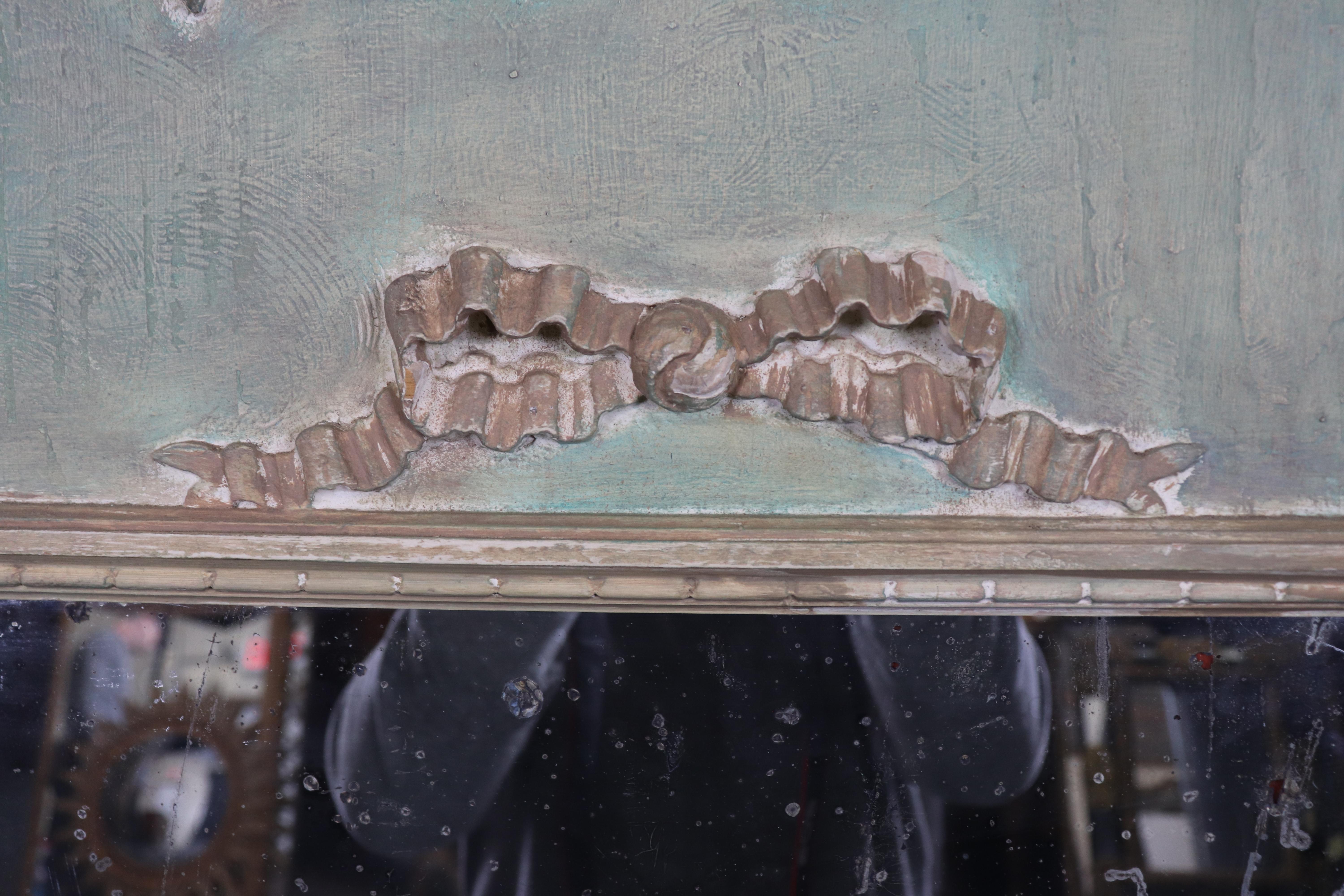 Early 20th Century Carved French Green and Antique Glass Louis XV Style Trumeau Mirror Circa 1920 For Sale