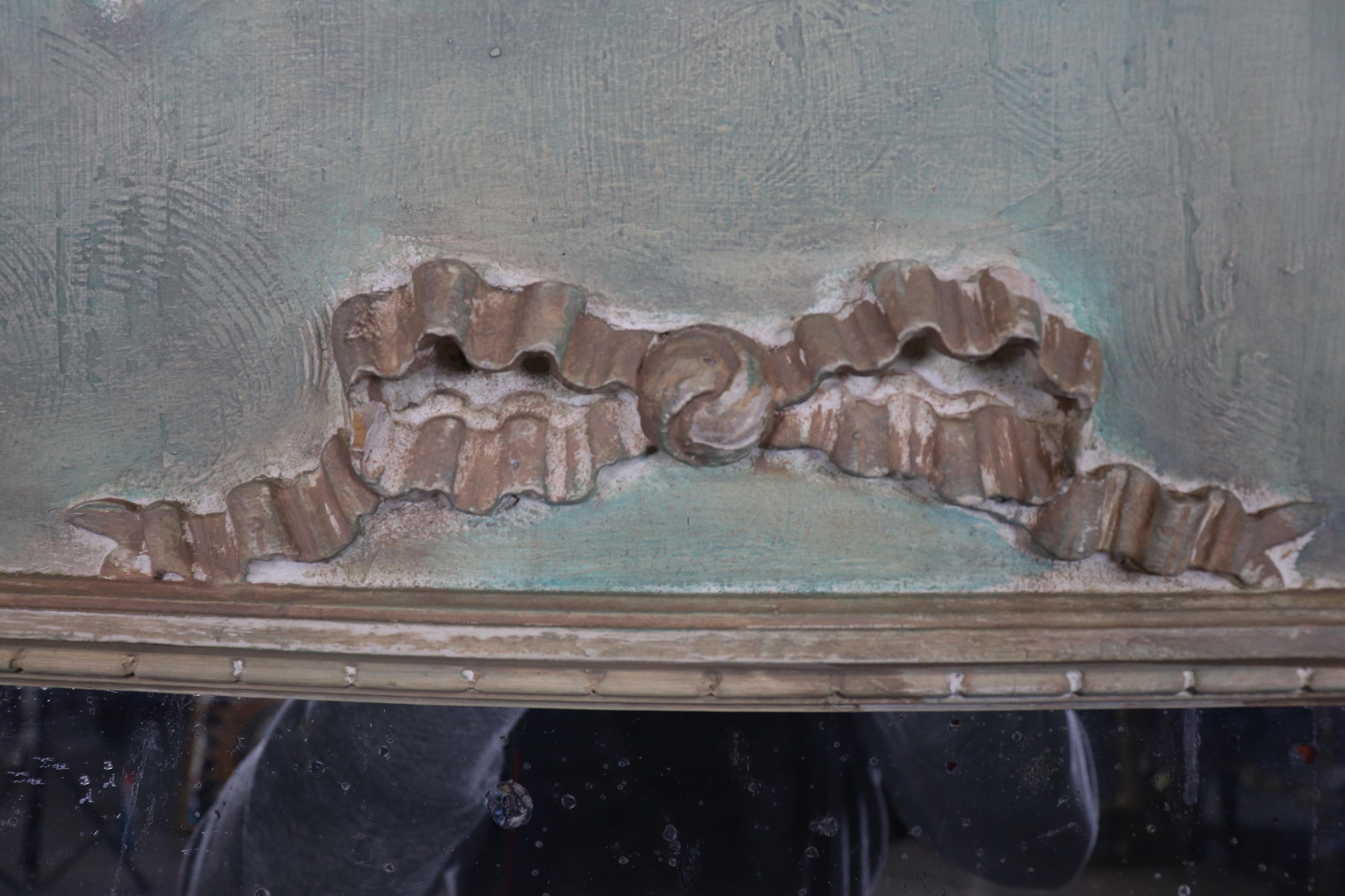 Carved French Green and Antique Glass Louis XV Style Trumeau Mirror Circa 1920 For Sale 1
