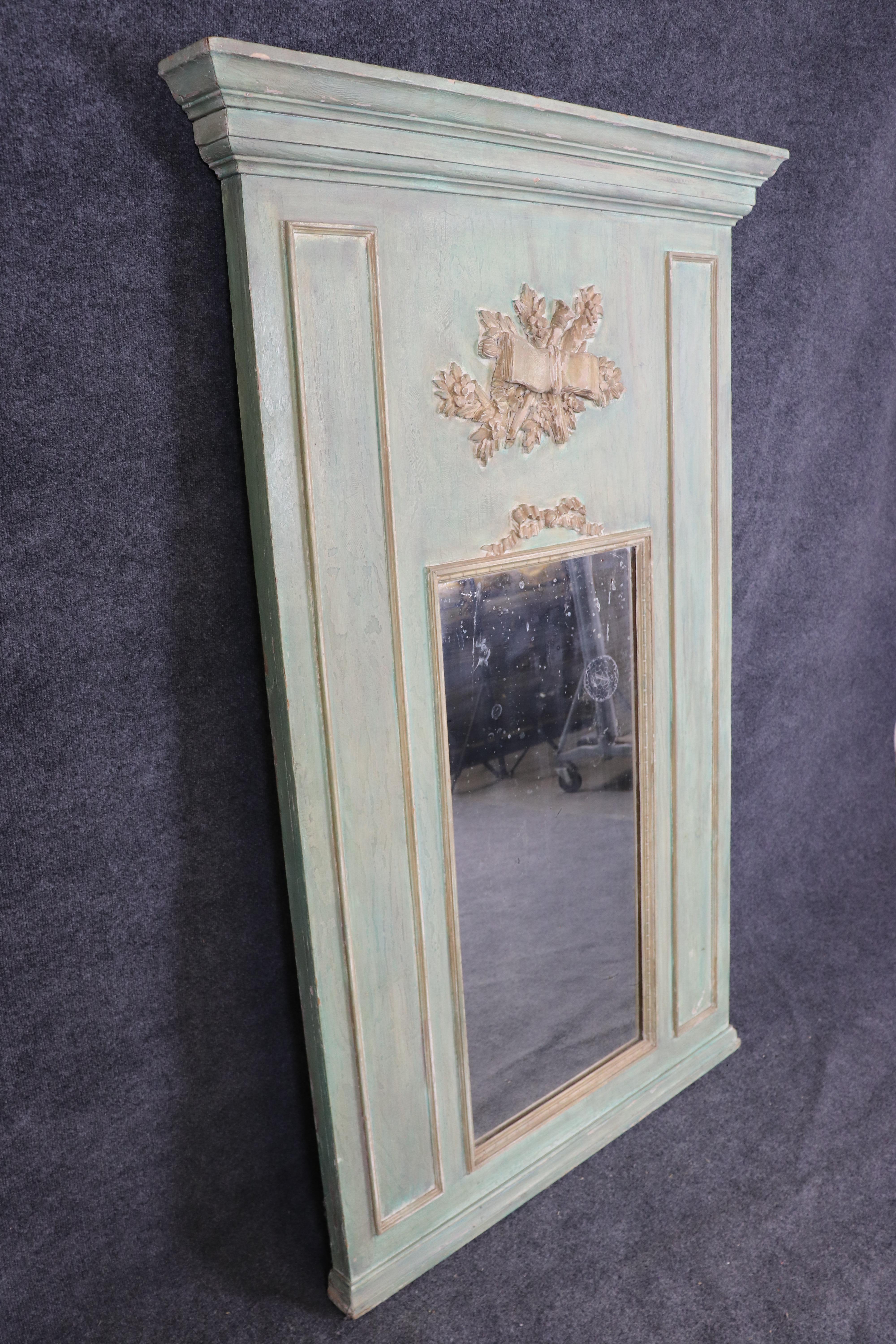 Carved French Green and Antique Glass Louis XV Style Trumeau Mirror Circa 1920 For Sale 5