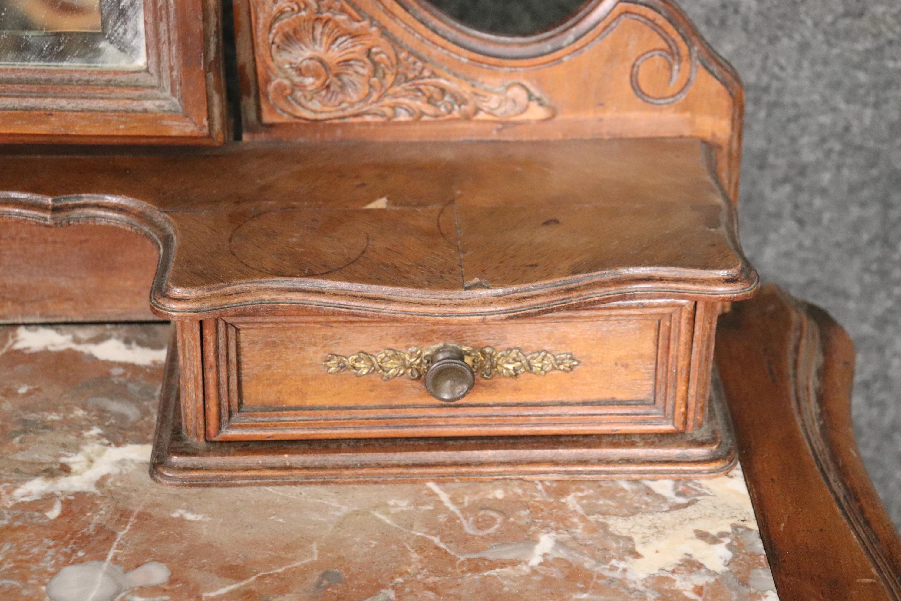 Carved French Hairpin Top Louis XV Walnut Marble Top Ladies Vanity Circa 1890s 6