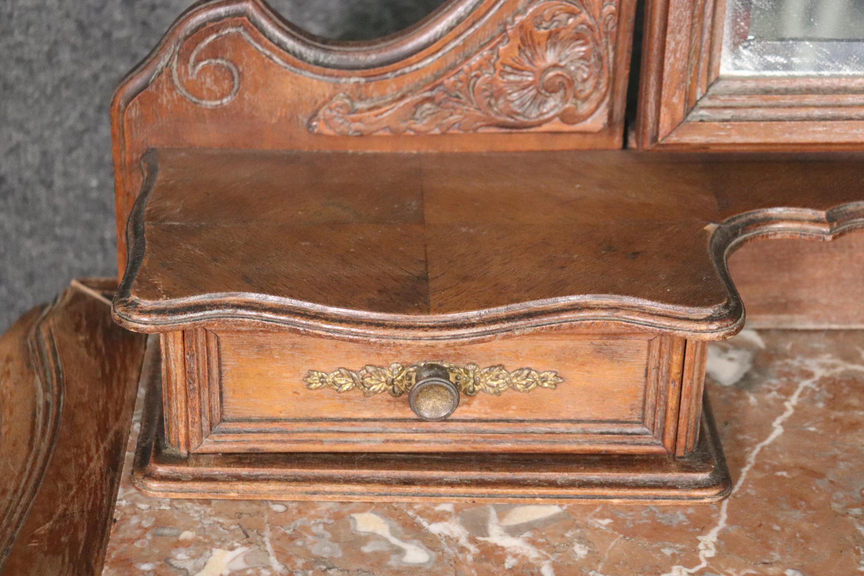 Carved French Hairpin Top Louis XV Walnut Marble Top Ladies Vanity Circa 1890s 7