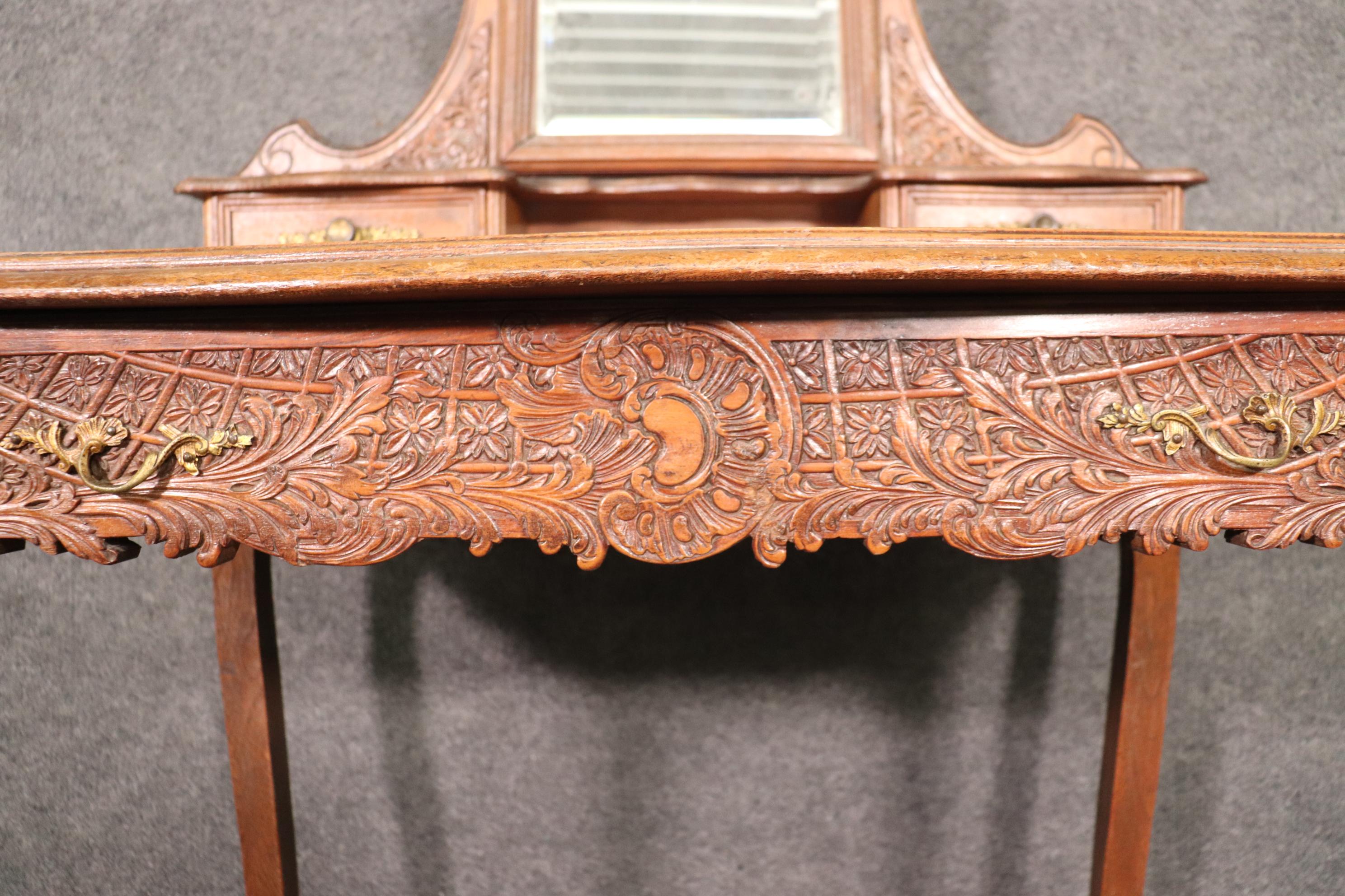 Carved French Hairpin Top Louis XV Walnut Marble Top Ladies Vanity Circa 1890s 11