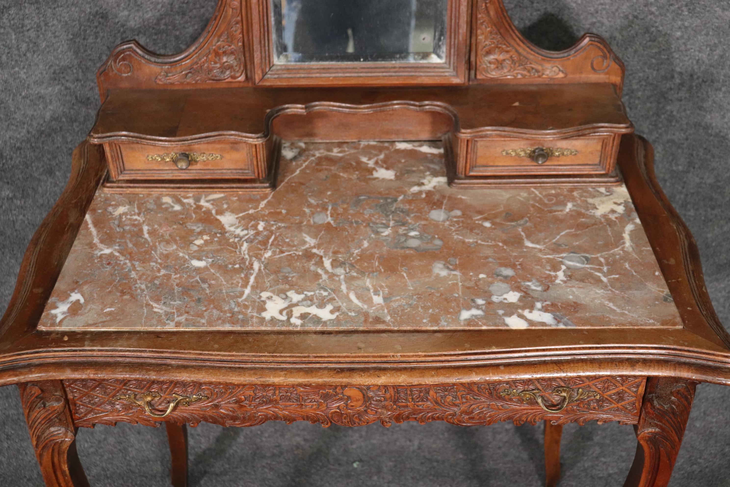 Carved French Hairpin Top Louis XV Walnut Marble Top Ladies Vanity Circa 1890s 15